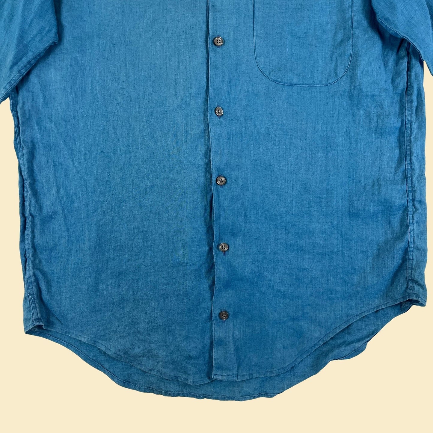 1980s M blue linen shirt by Basco Sportswear, vintage 80s button down long sleeve men's top