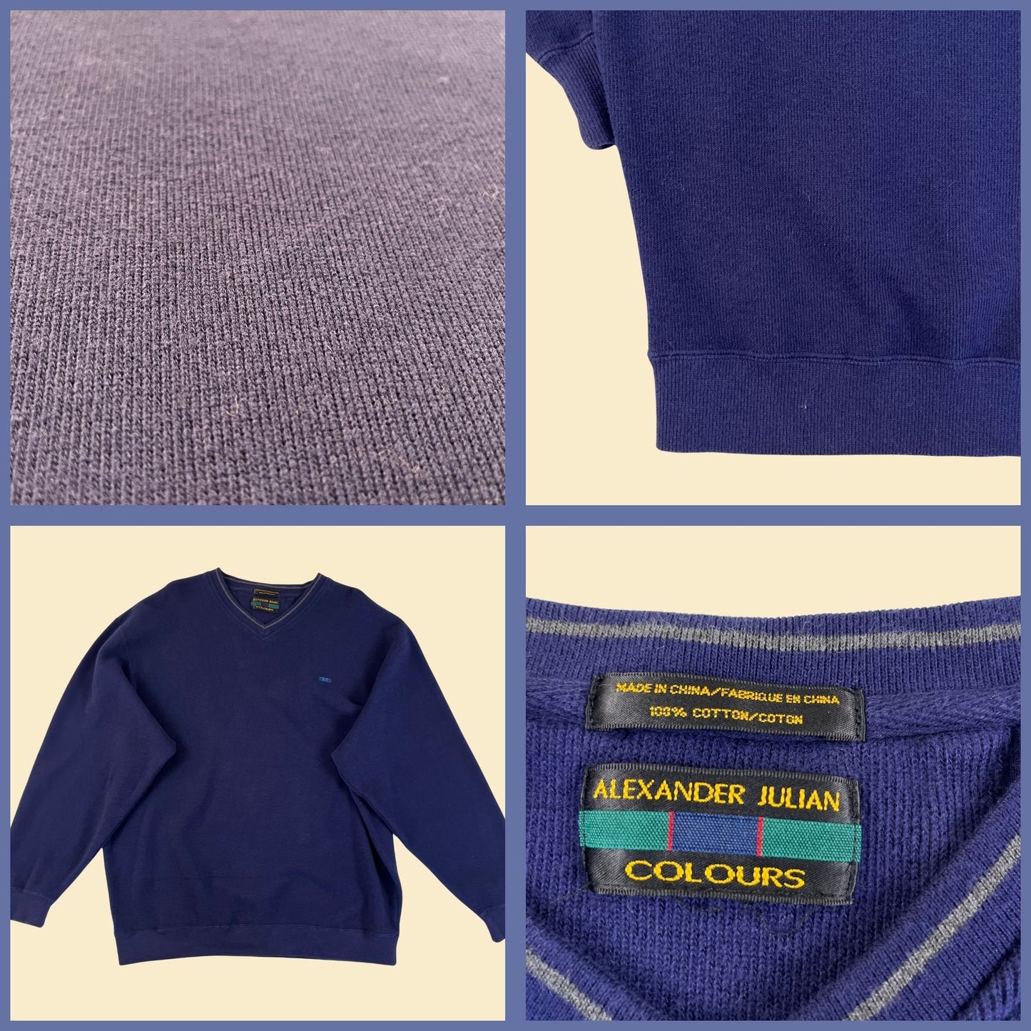 1990s blue v-neck sweatshirt by Alexander Julian Colours, vintage 90s men's pullover cotton sweatshirt