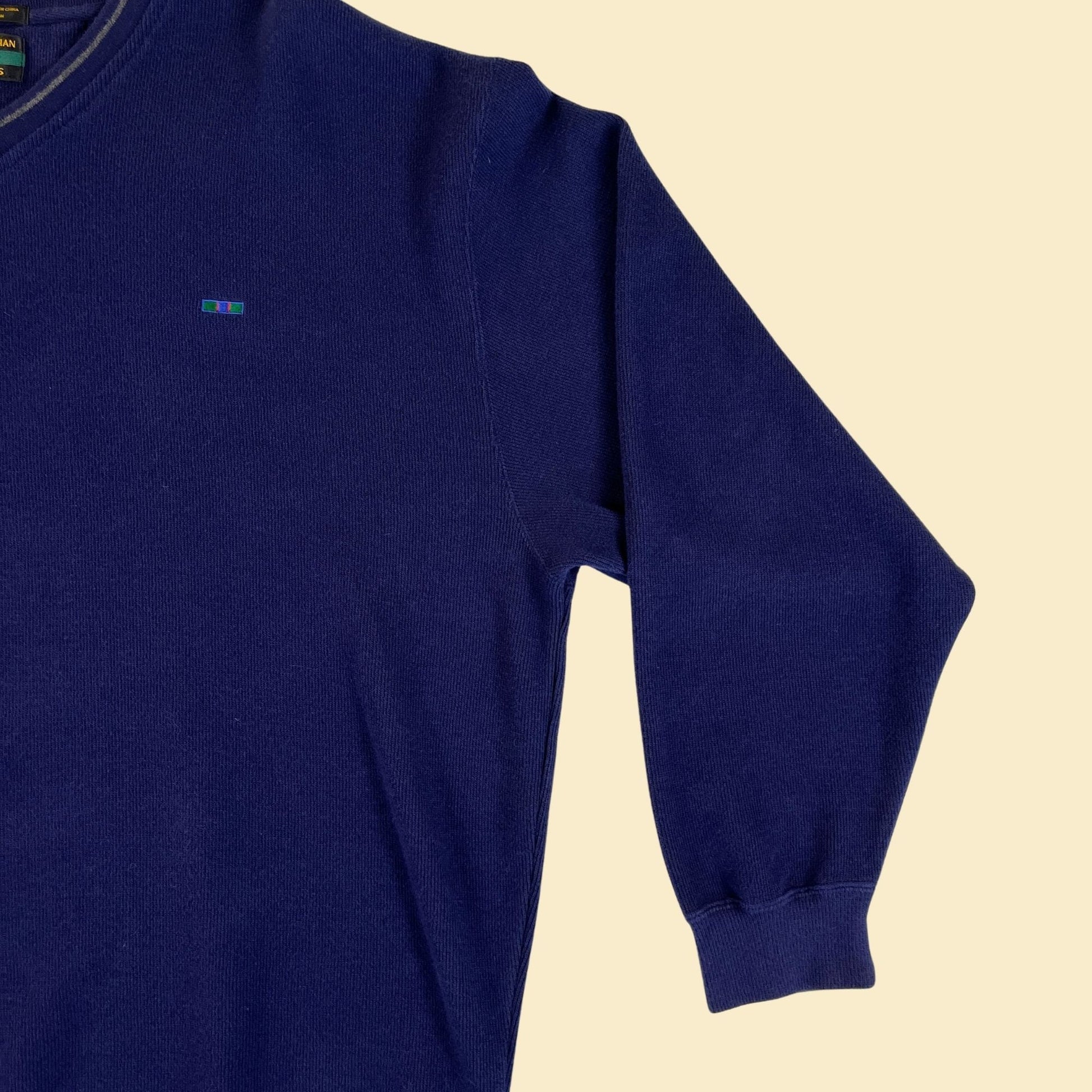 1990s blue v-neck sweatshirt by Alexander Julian Colours, vintage 90s men's pullover cotton sweatshirt