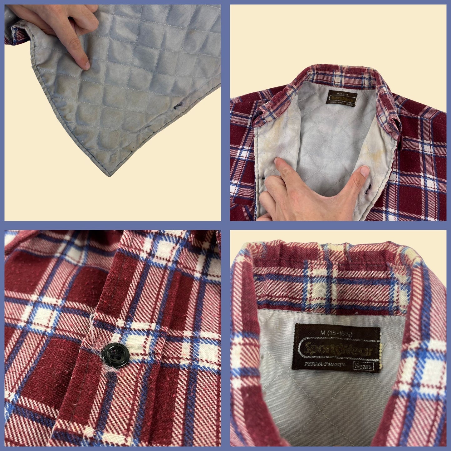 1970s M Sears flannel shirt w/ quilted lining, vintage 70s Sears Sportswear burgundy & white button down men's top