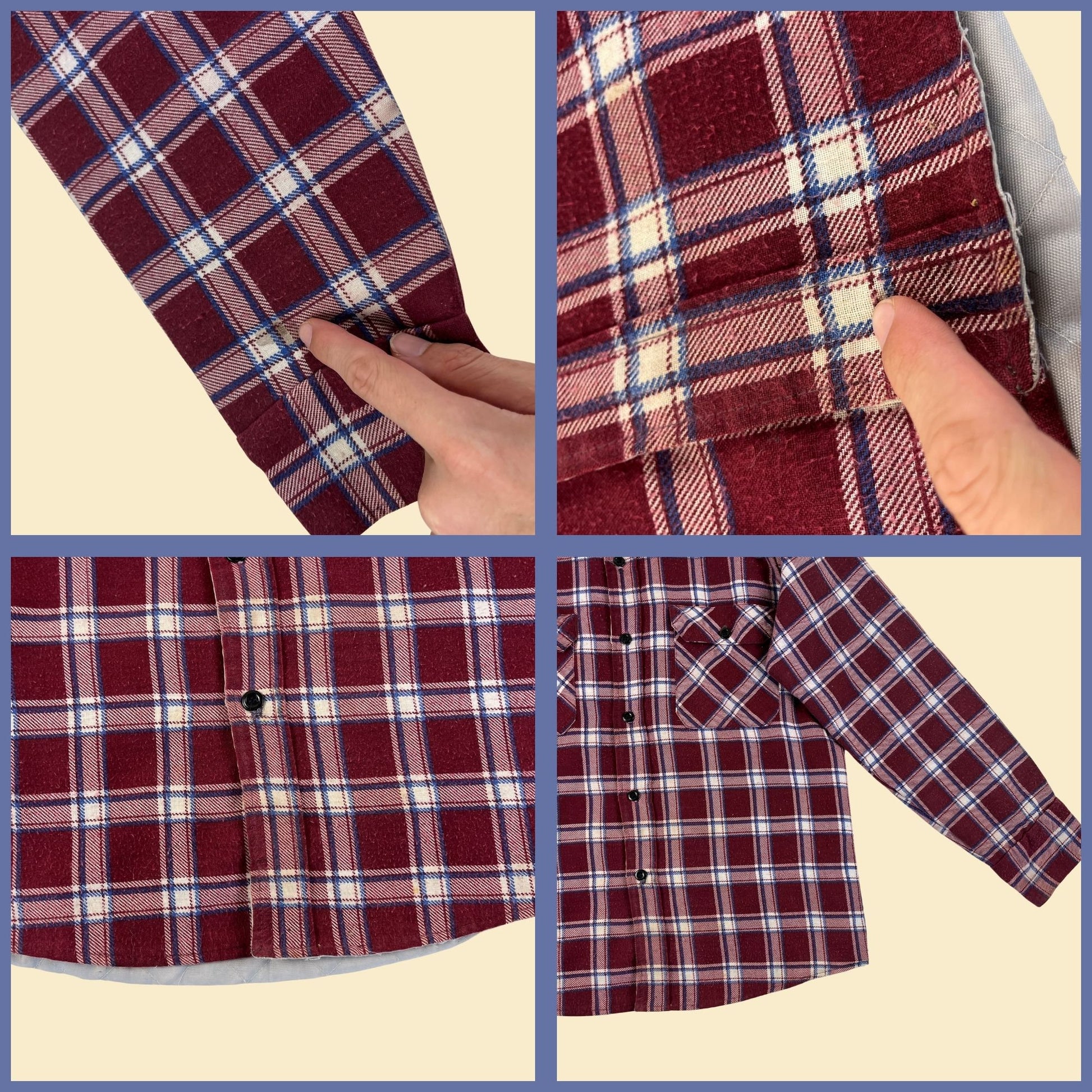 1970s M Sears flannel shirt w/ quilted lining, vintage 70s Sears Sportswear burgundy & white button down men's top