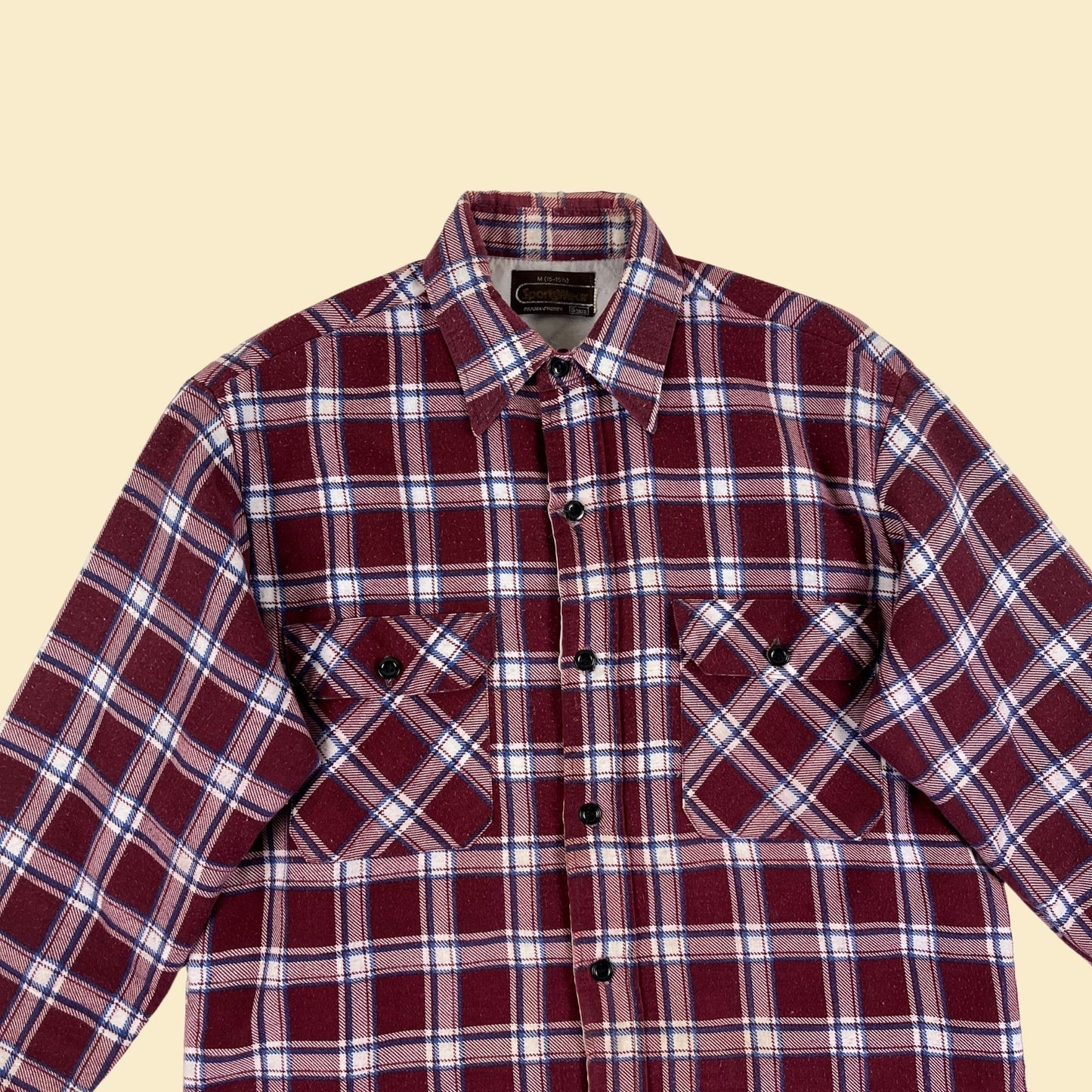 1970s M Sears flannel shirt w/ quilted lining, vintage 70s Sears Sportswear burgundy & white button down men's top