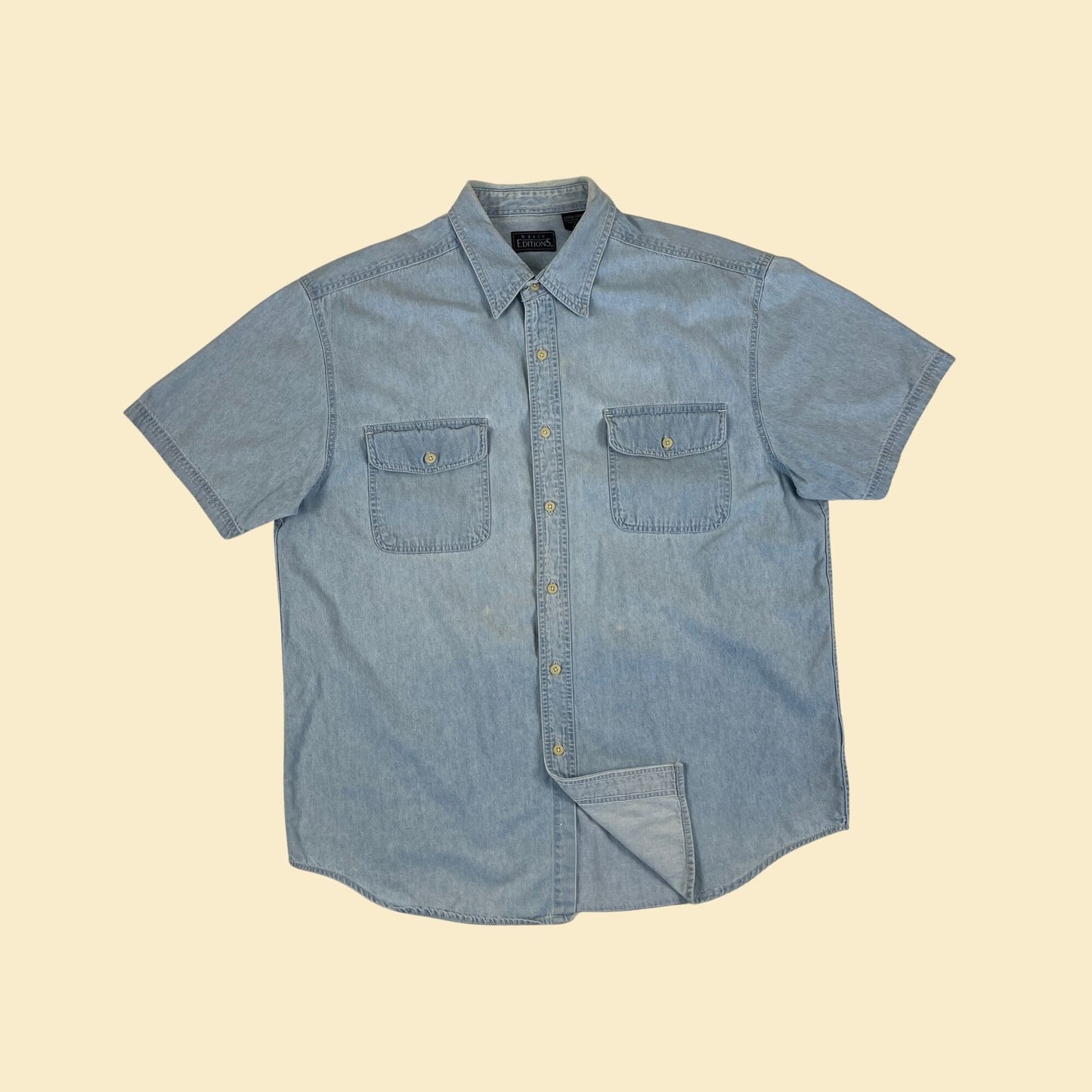 1990s L denim/chambray shirt, vintage 90s Basic Editions men's short sleeve cotton button down