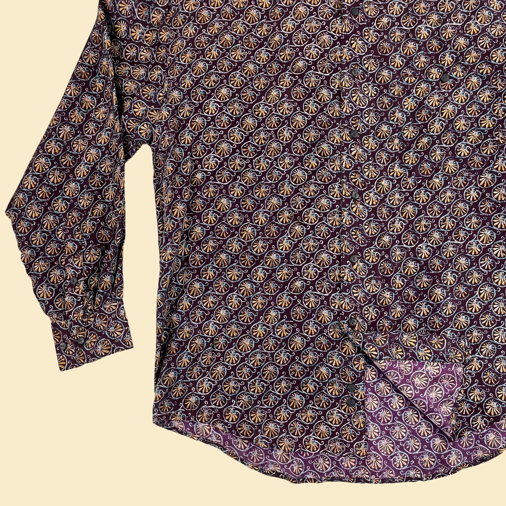 90s M silk purple men's shirt by Silk Uomo, vintage 1990s silk purple, gold, blue abstract long sleeve button down top