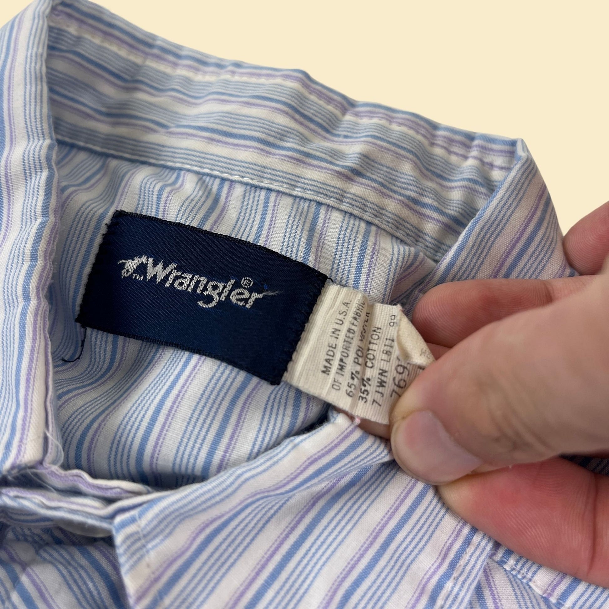 1980s Wrangler L men's western shirt, vintage 80s striped short sleeve snap clasp blue/white/purple top