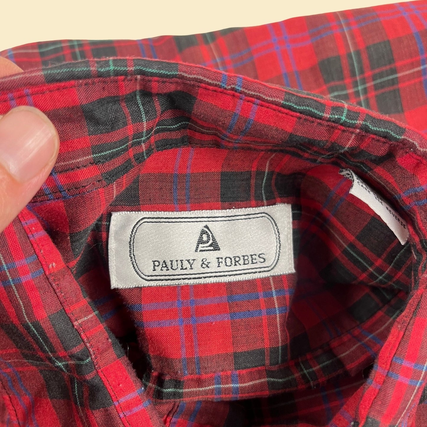 Vintage 90s L plaid red shirt by Pauly & Forbes, 1990s men's lightweight long sleeve plaid top