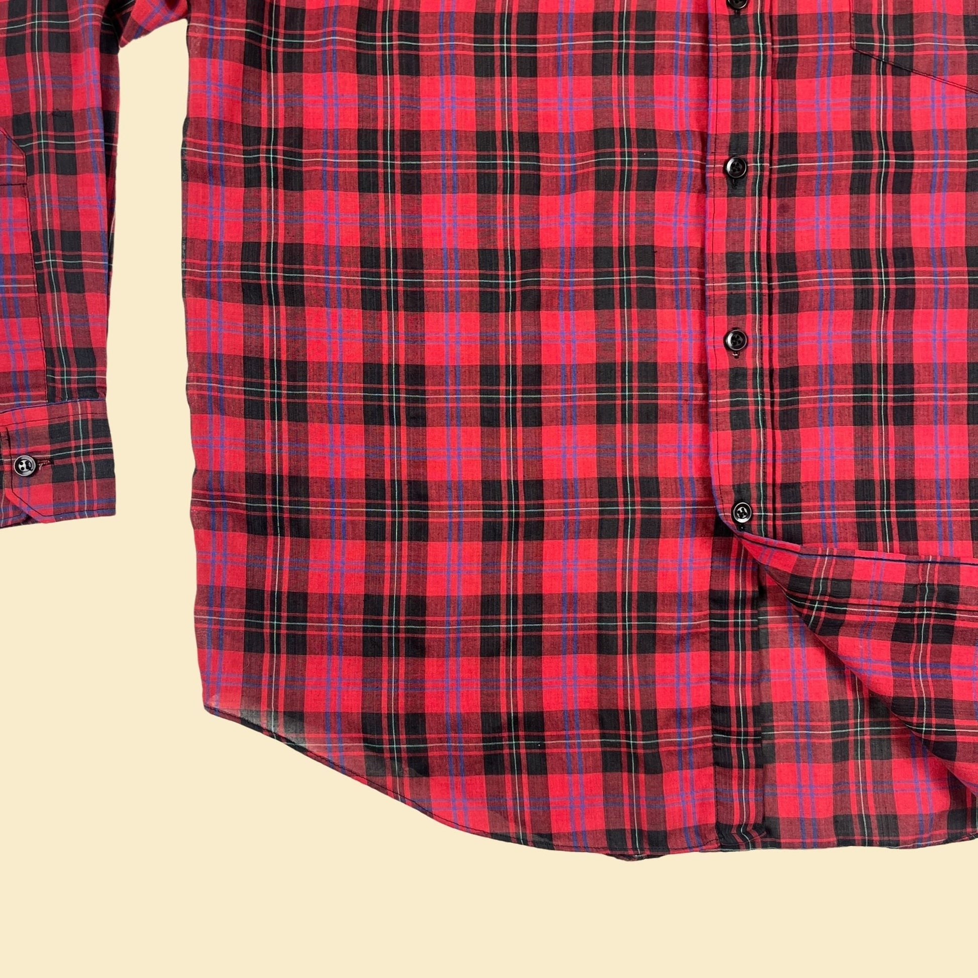 Vintage 90s L plaid red shirt by Pauly & Forbes, 1990s men's lightweight long sleeve plaid top