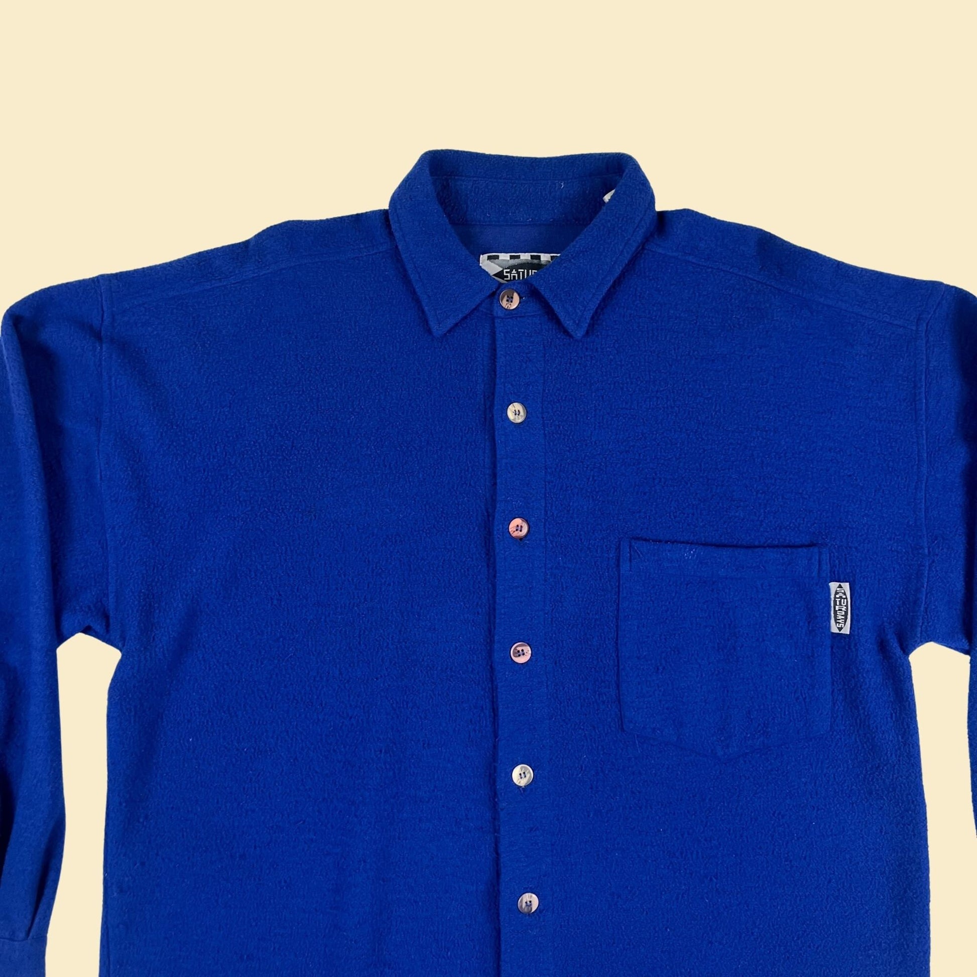 1980s L-XL blue terry-cloth/fleece shirt by Saturdays, textured vintage 80s long sleeve button down