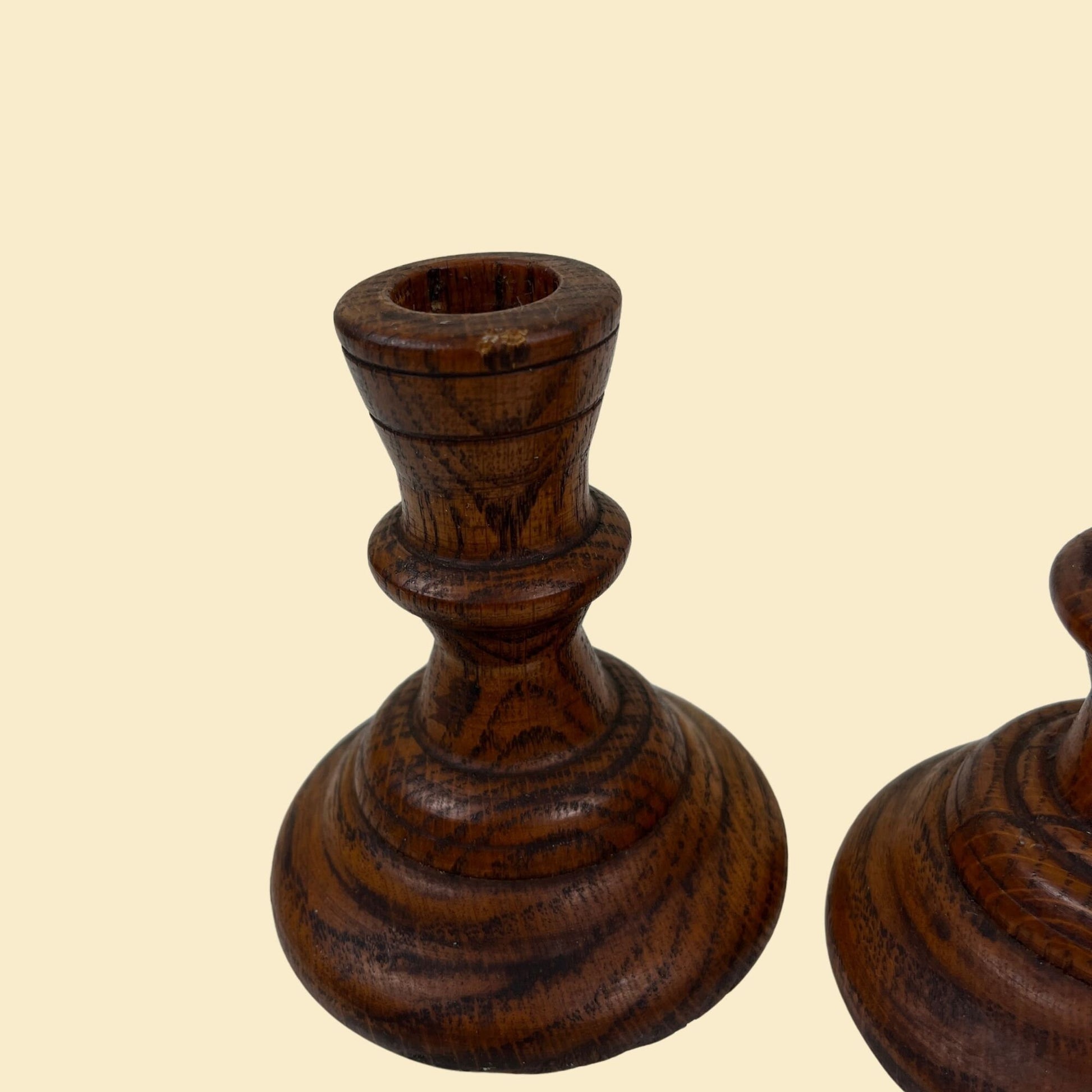 1970s wooden candlestick holders, vintage 70s wood taper candle stands