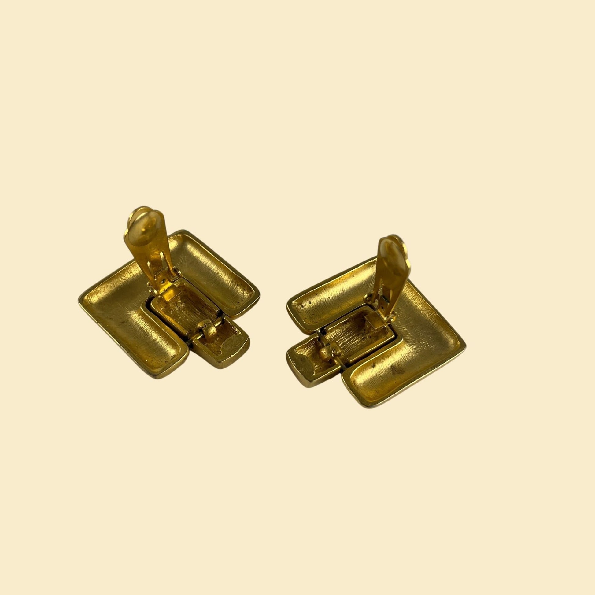 1980s matte-gold cube earrings, vintage 80s gold-toned door-knocker clip-on earrings