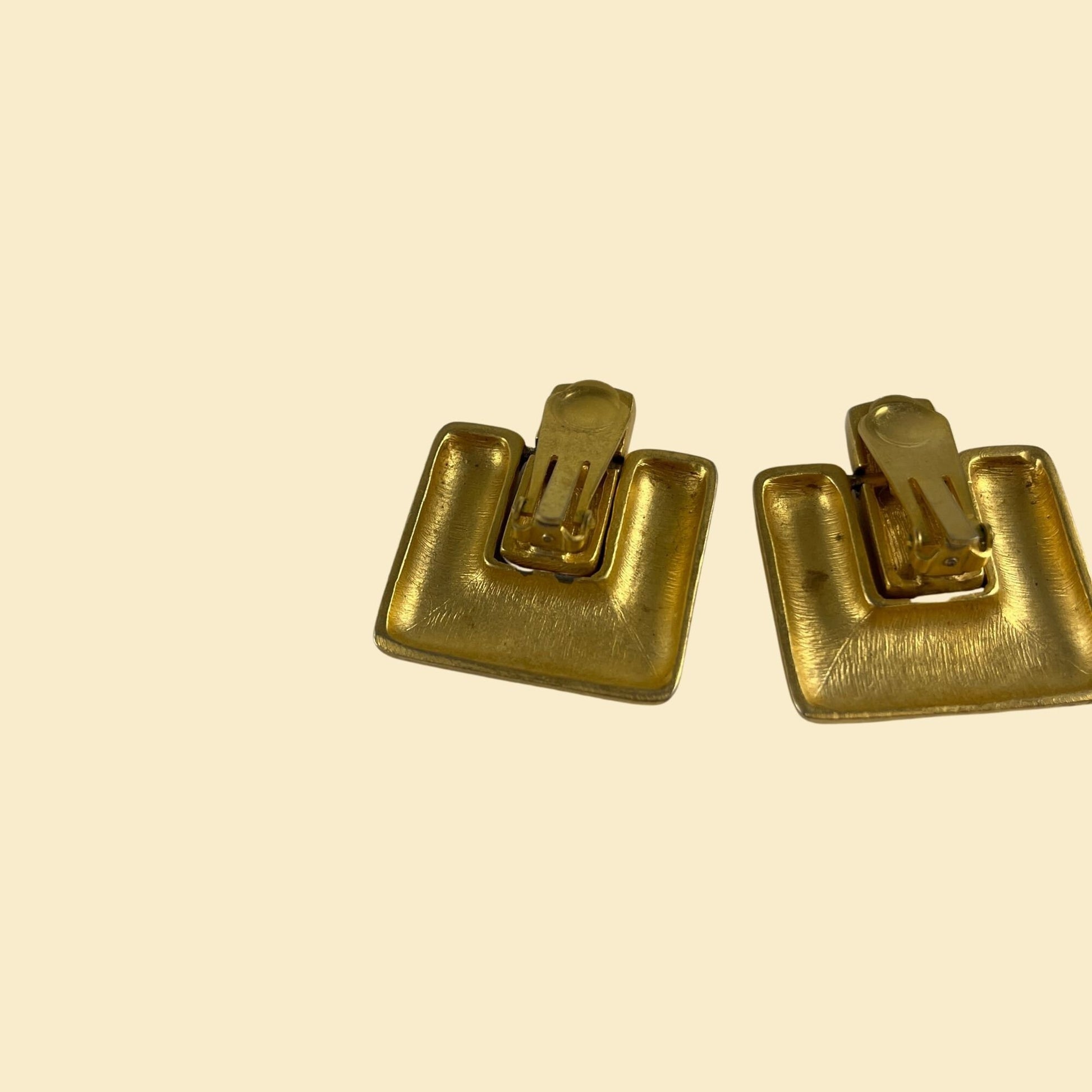 1980s matte-gold cube earrings, vintage 80s gold-toned door-knocker clip-on earrings