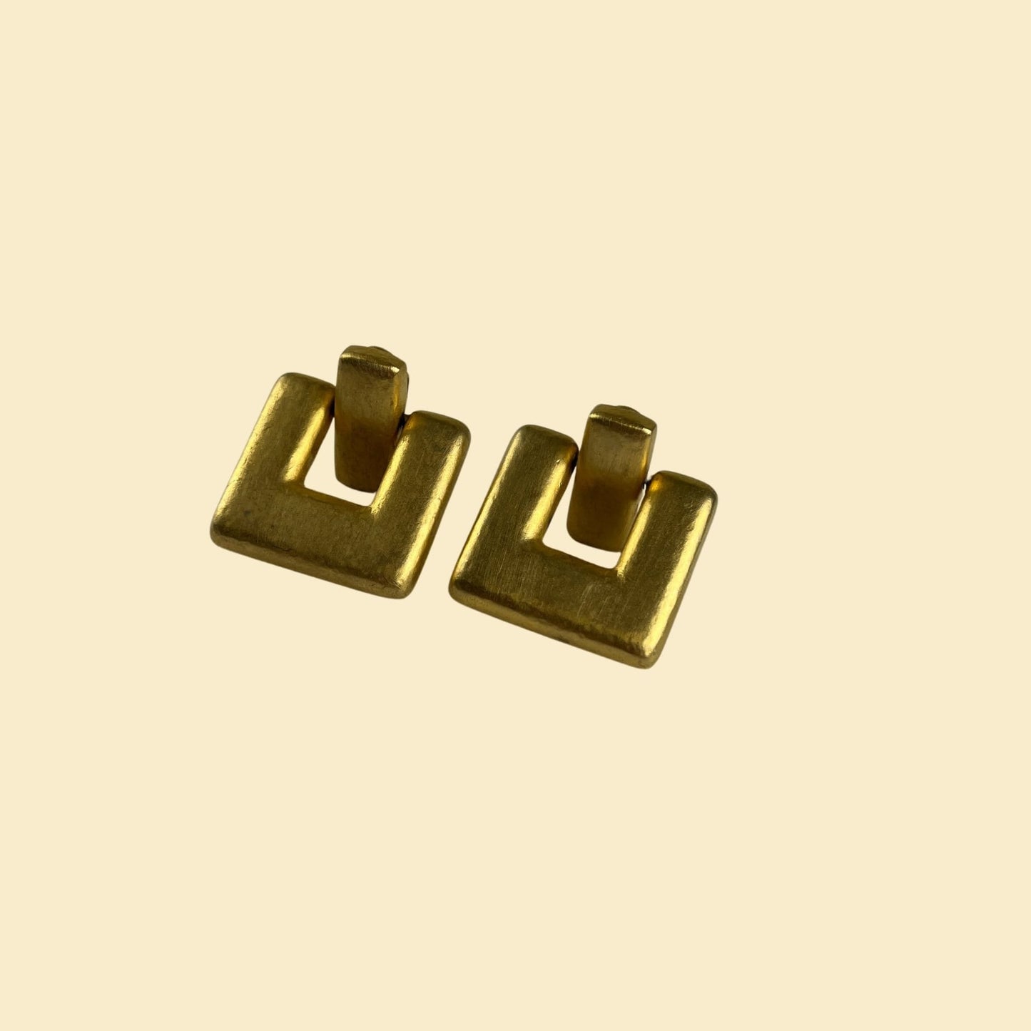 1980s matte-gold cube earrings, vintage 80s gold-toned door-knocker clip-on earrings