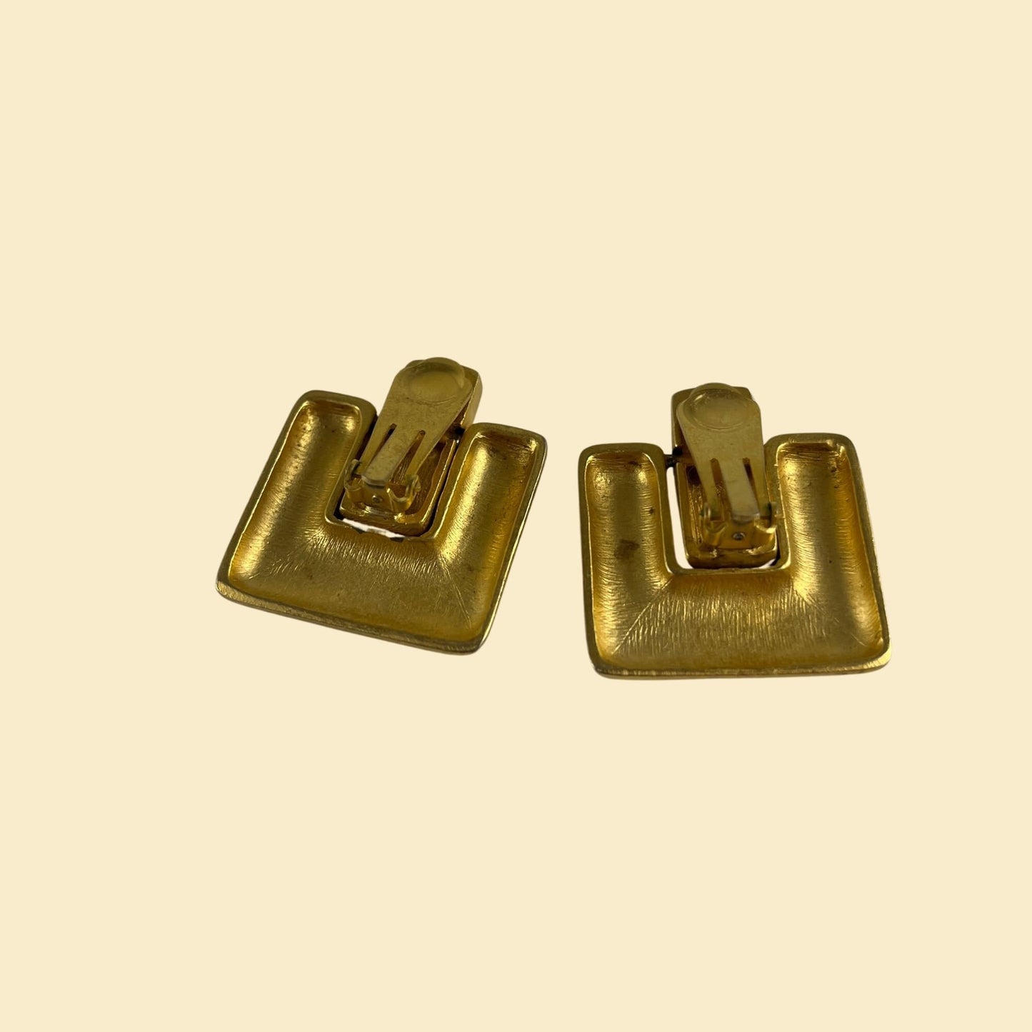 1980s matte-gold cube earrings, vintage 80s gold-toned door-knocker clip-on earrings