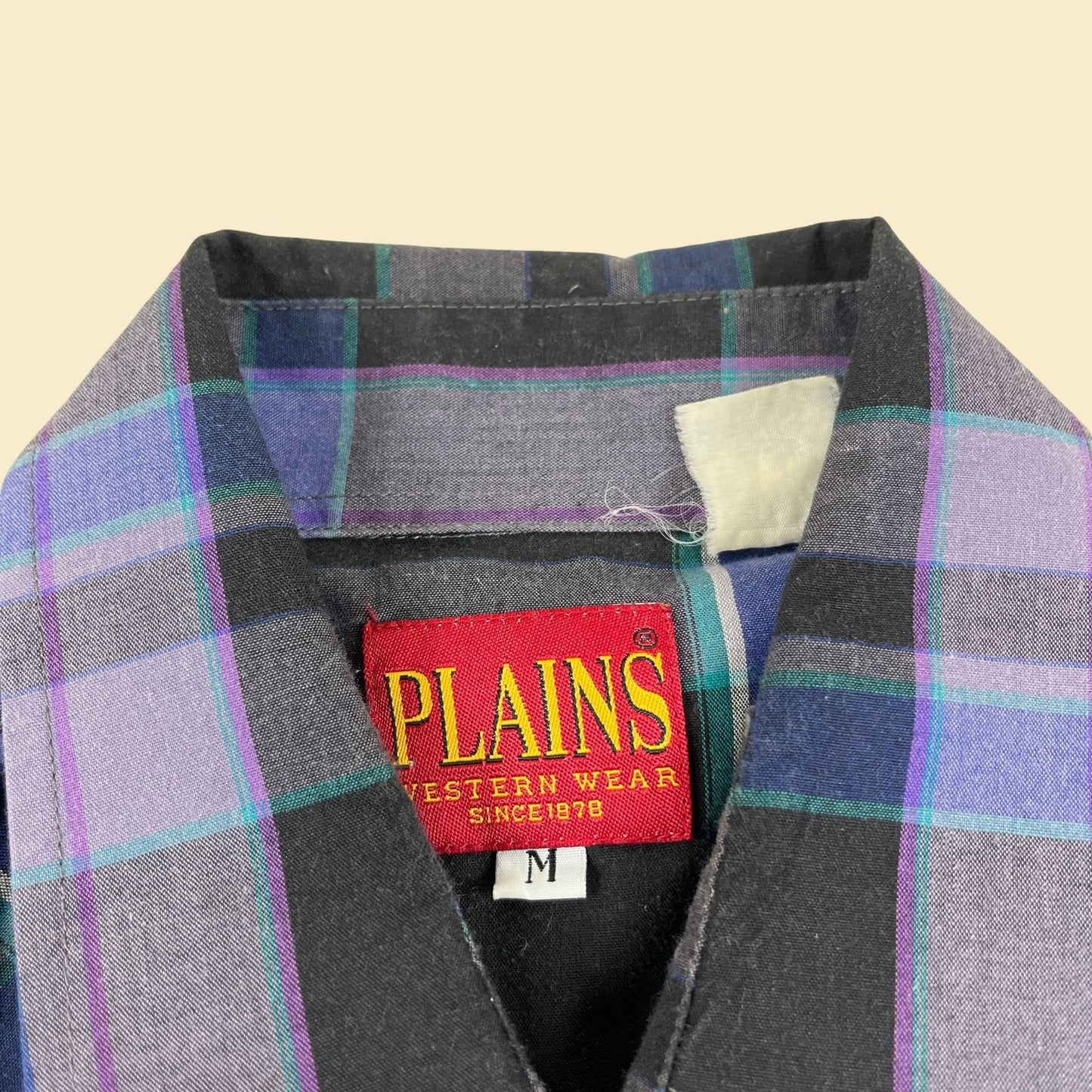 1980s M plaid Plains Western men's shirt, vintage 80s purple/blue/black snap clasp long sleeve shirt