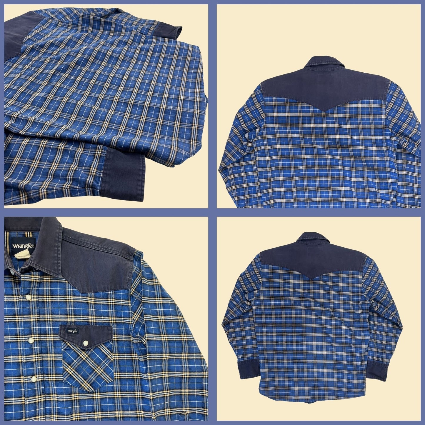 90s Wrangler L men's western shirt, vintage 1990s blue plaid dual-tone cowboy shirt w/ snap clasps