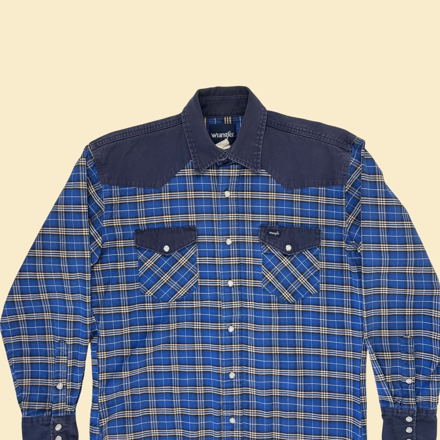 90s Wrangler L men's western shirt, vintage 1990s blue plaid dual-tone cowboy shirt w/ snap clasps