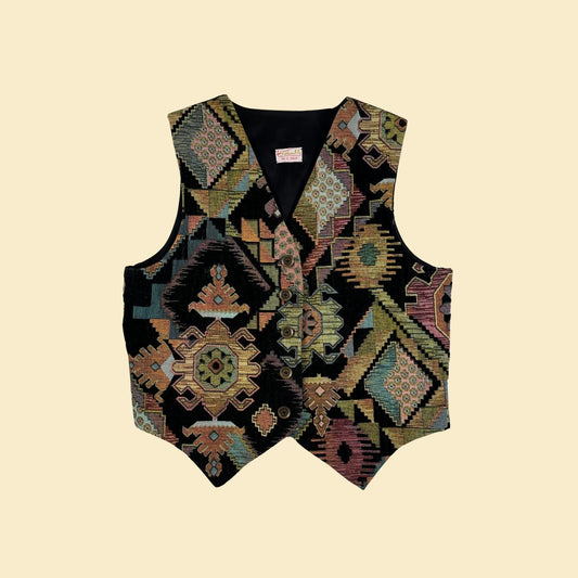 1970s geometric tapestry vest, vintage women's 70s button down funky textured vest