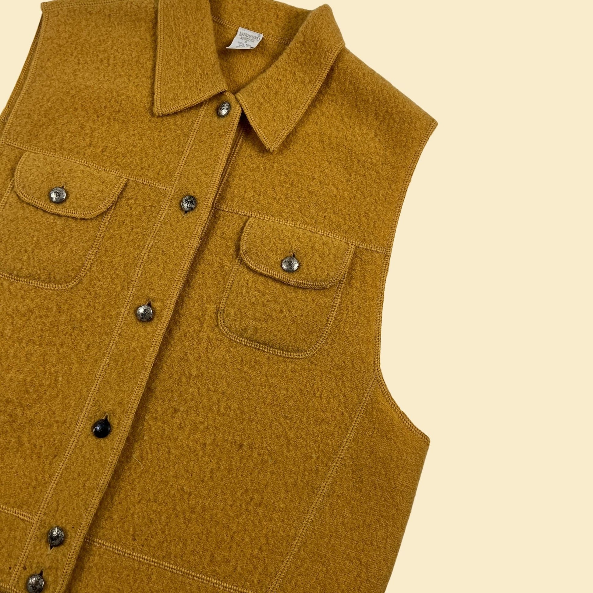 1990s Lands' End yellow wool sweater vest, size 16 vintage 90s button down vest