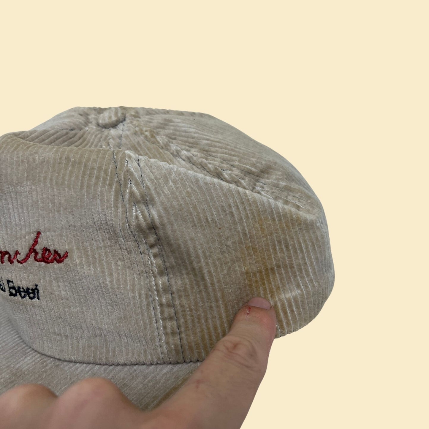 1980s corduroy snapback hat, vintage 80s beige Foster Ranches Commercial Beef trucker cap