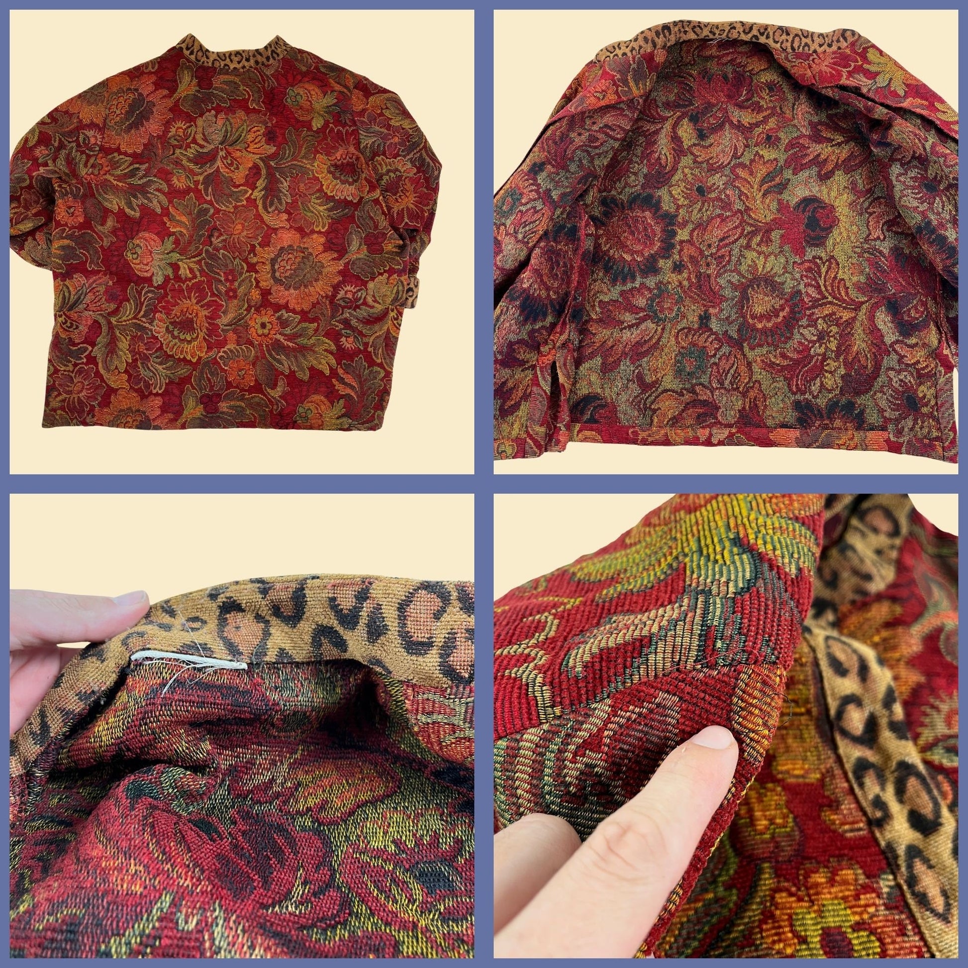 90s tapestry jacket with floral & cheetah print, size XL+ women's vintage 1990s open faced coat