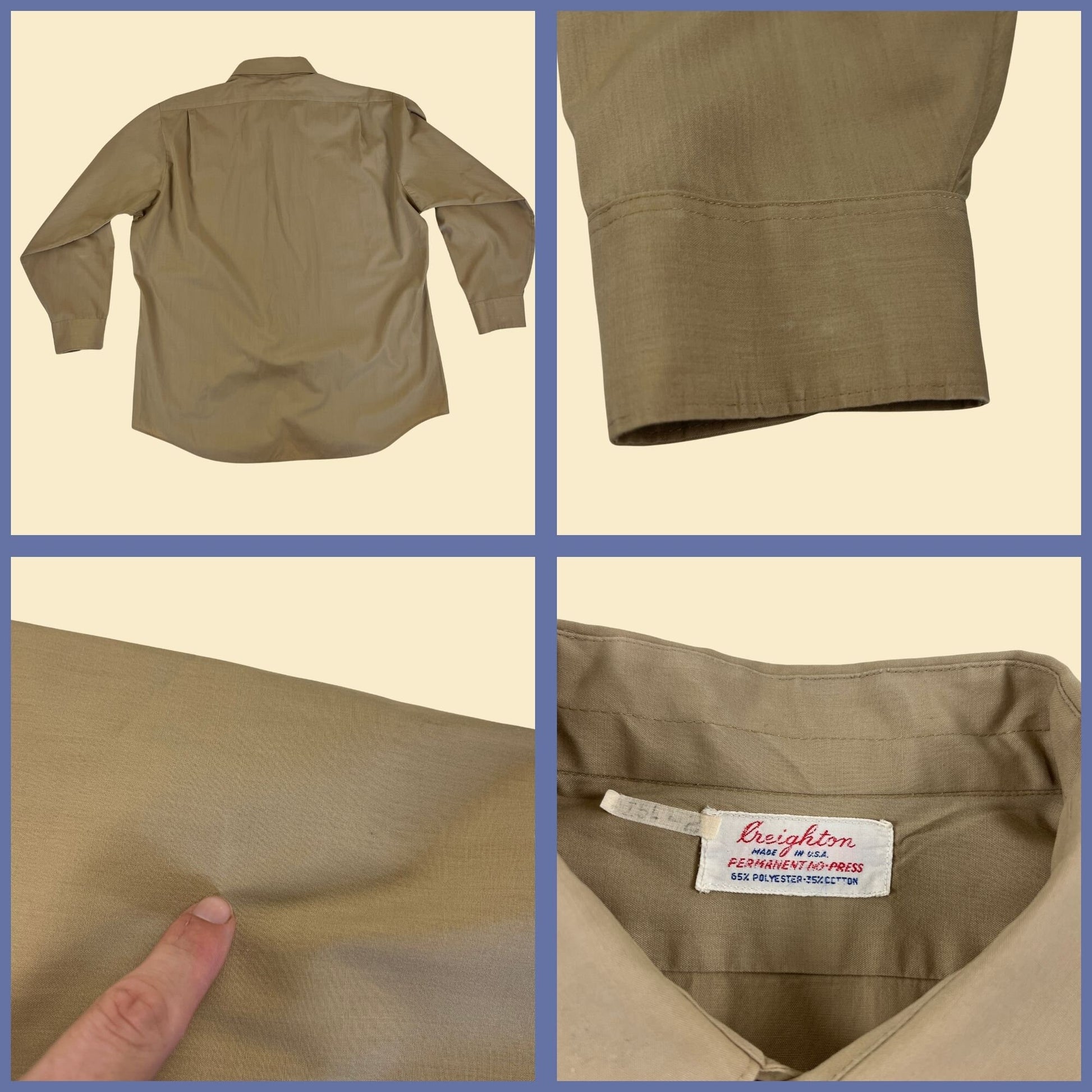 1960s tan workwear shirt by Creighton, size M to L vintage 60s/70s tan/beige lightweight