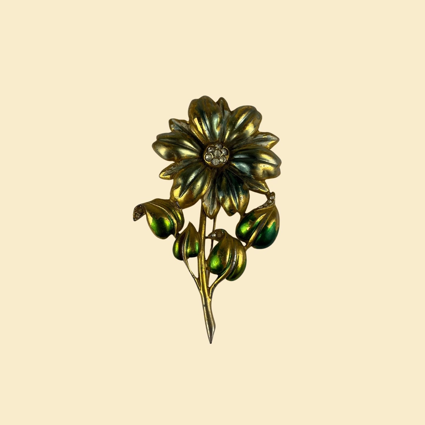 1950s flower brooch, vintage 50s chunky daisy pin with green/blue paint & rhinestones