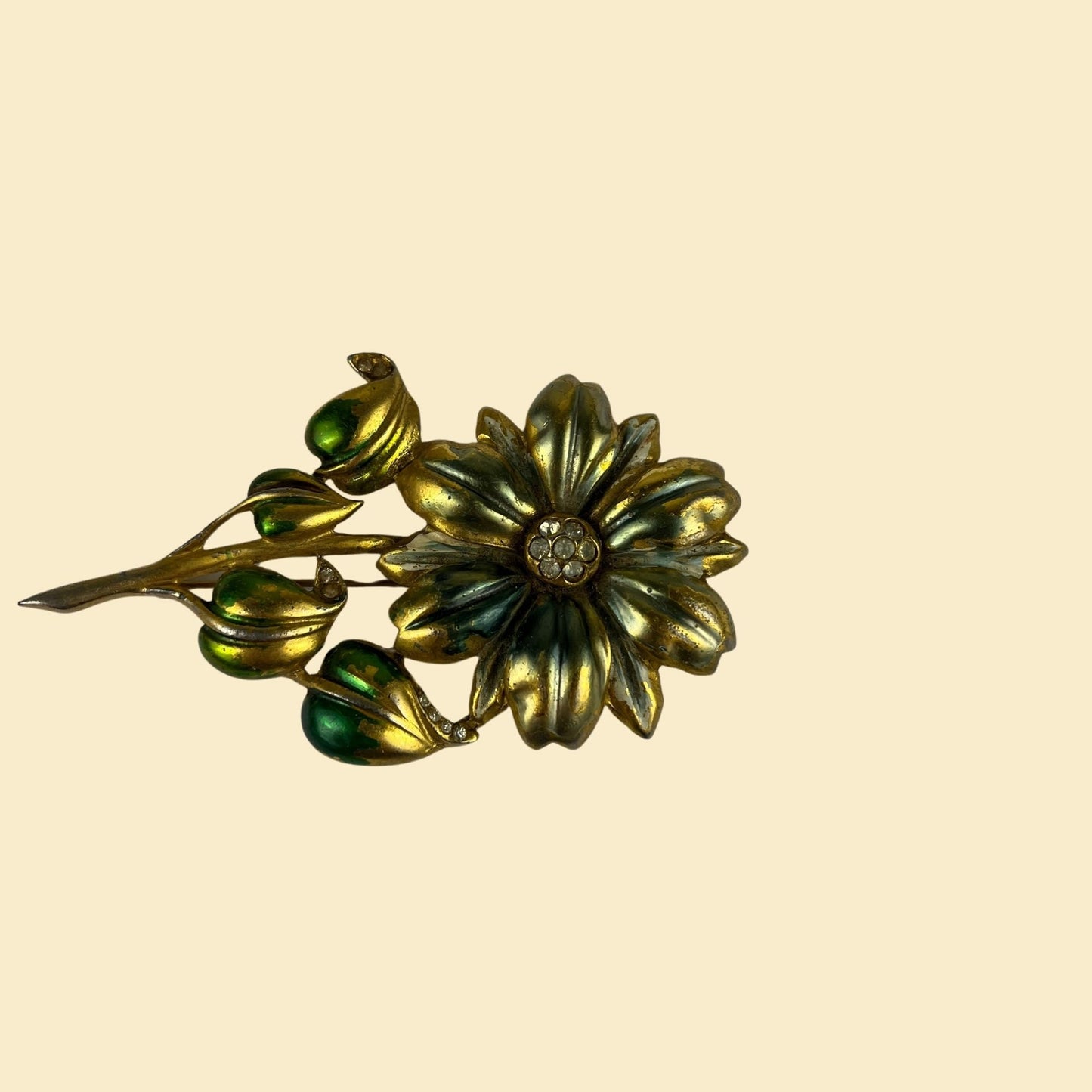 1950s flower brooch, vintage 50s chunky daisy pin with green/blue paint & rhinestones