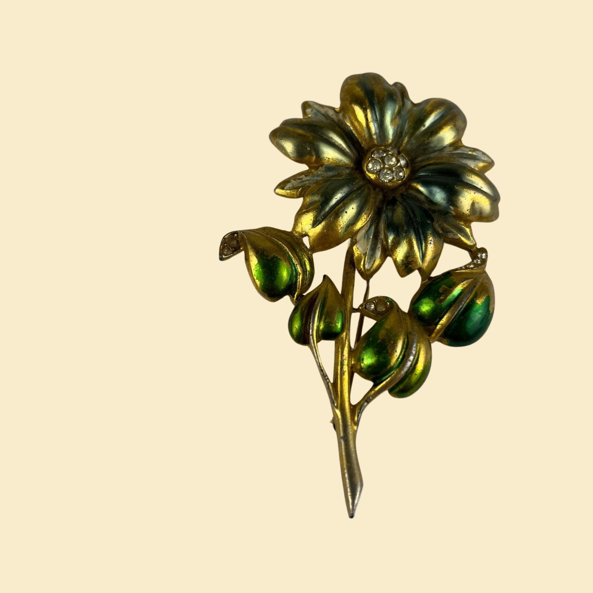 1950s flower brooch, vintage 50s chunky daisy pin with green/blue paint & rhinestones