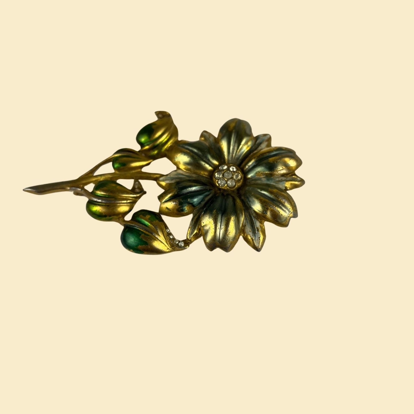 1950s flower brooch, vintage 50s chunky daisy pin with green/blue paint & rhinestones