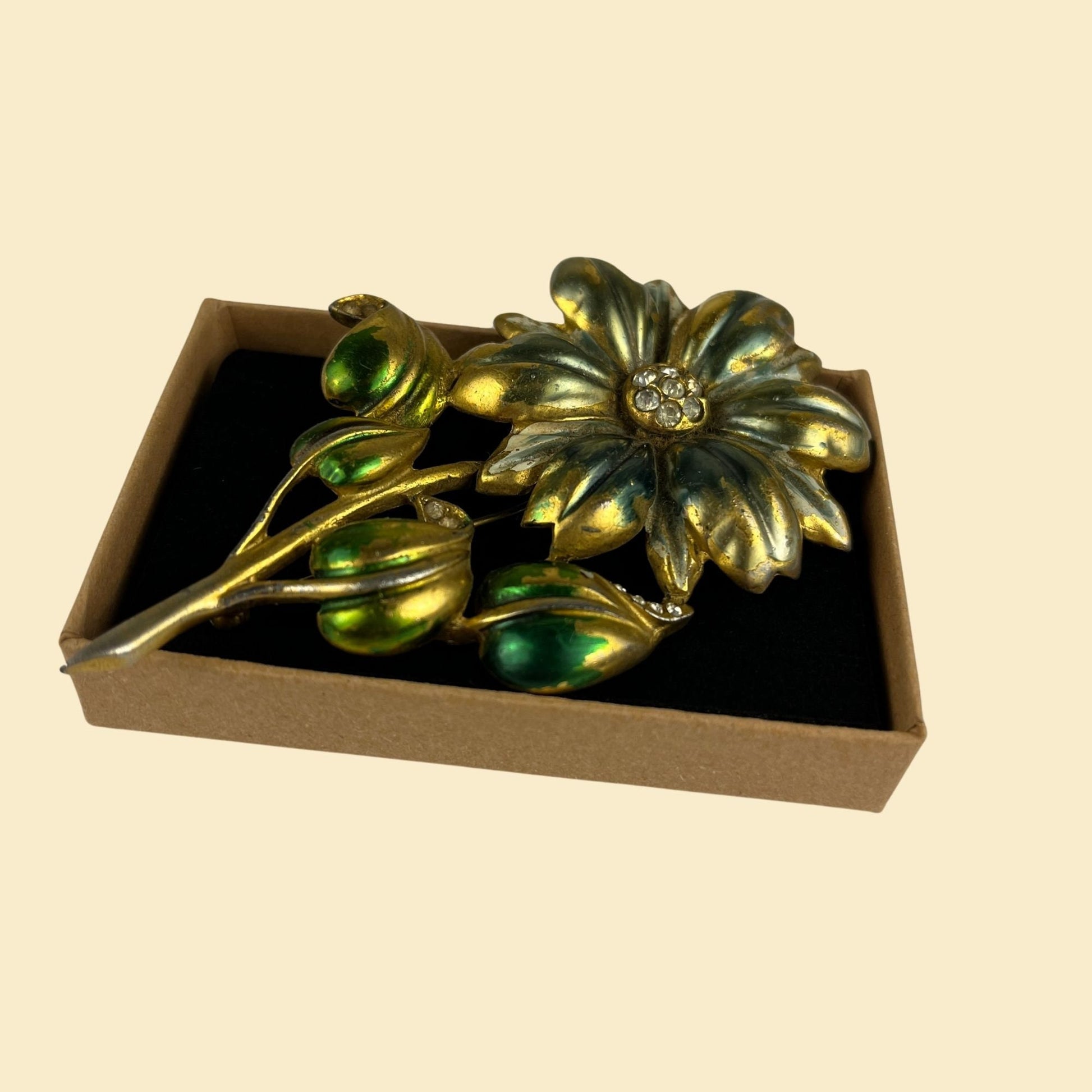 1950s flower brooch, vintage 50s chunky daisy pin with green/blue paint & rhinestones