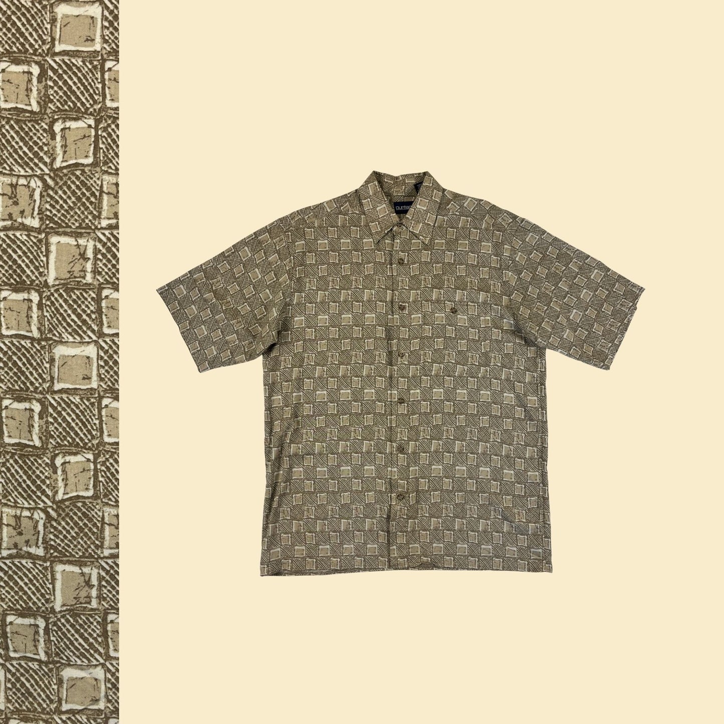 1990s M men's short sleeve shirt by Puritan, beige/tan geometric rayon button down top