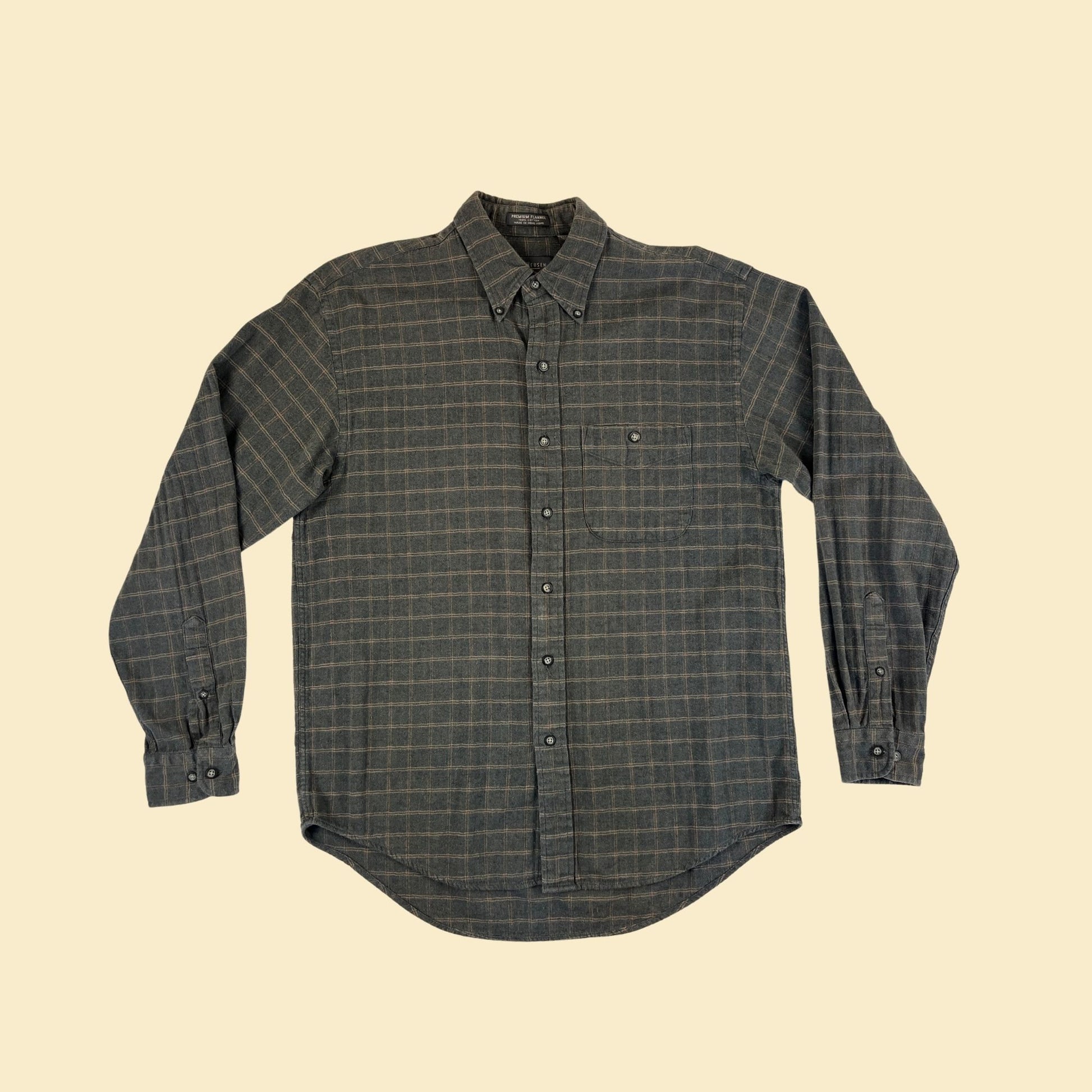 90s M Van Heusen flannel shirt, vintage 1990s men's green & brown plaid button down long sleeve top