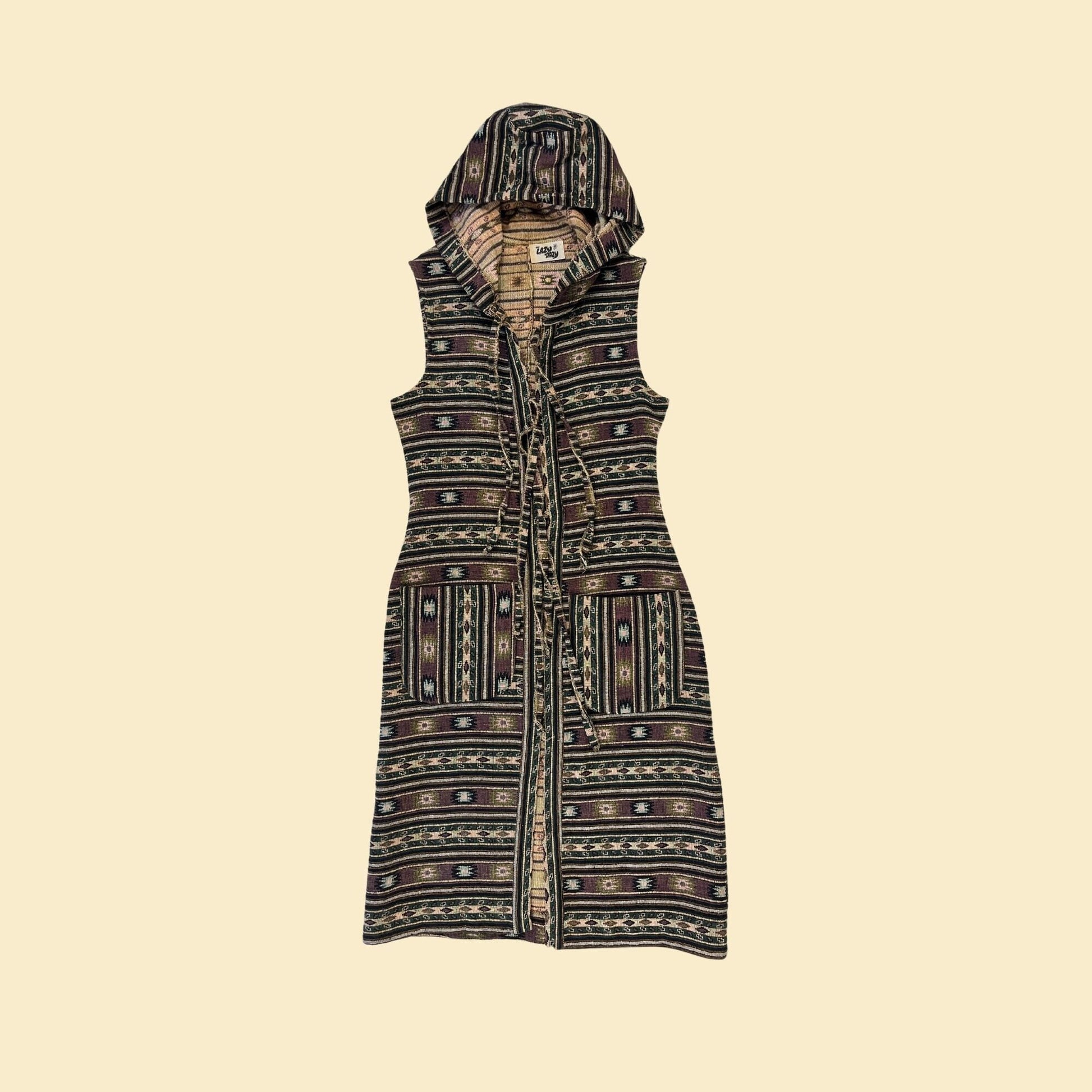 1970s tapestry vest/dress by The Lazy Dazy, vintage 70s geometric front tie hooded vest