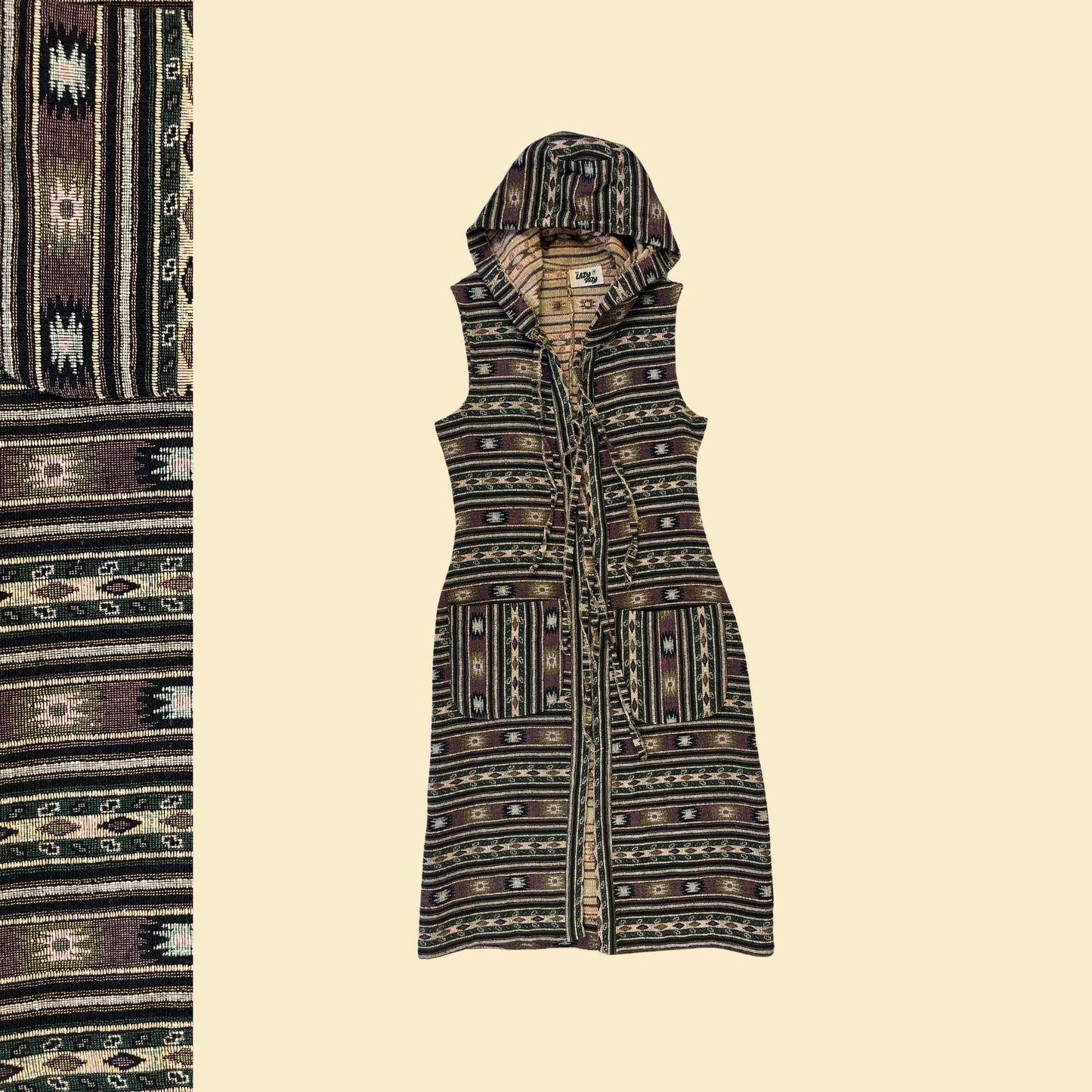 1970s tapestry vest/dress by The Lazy Dazy, vintage 70s geometric front tie hooded vest