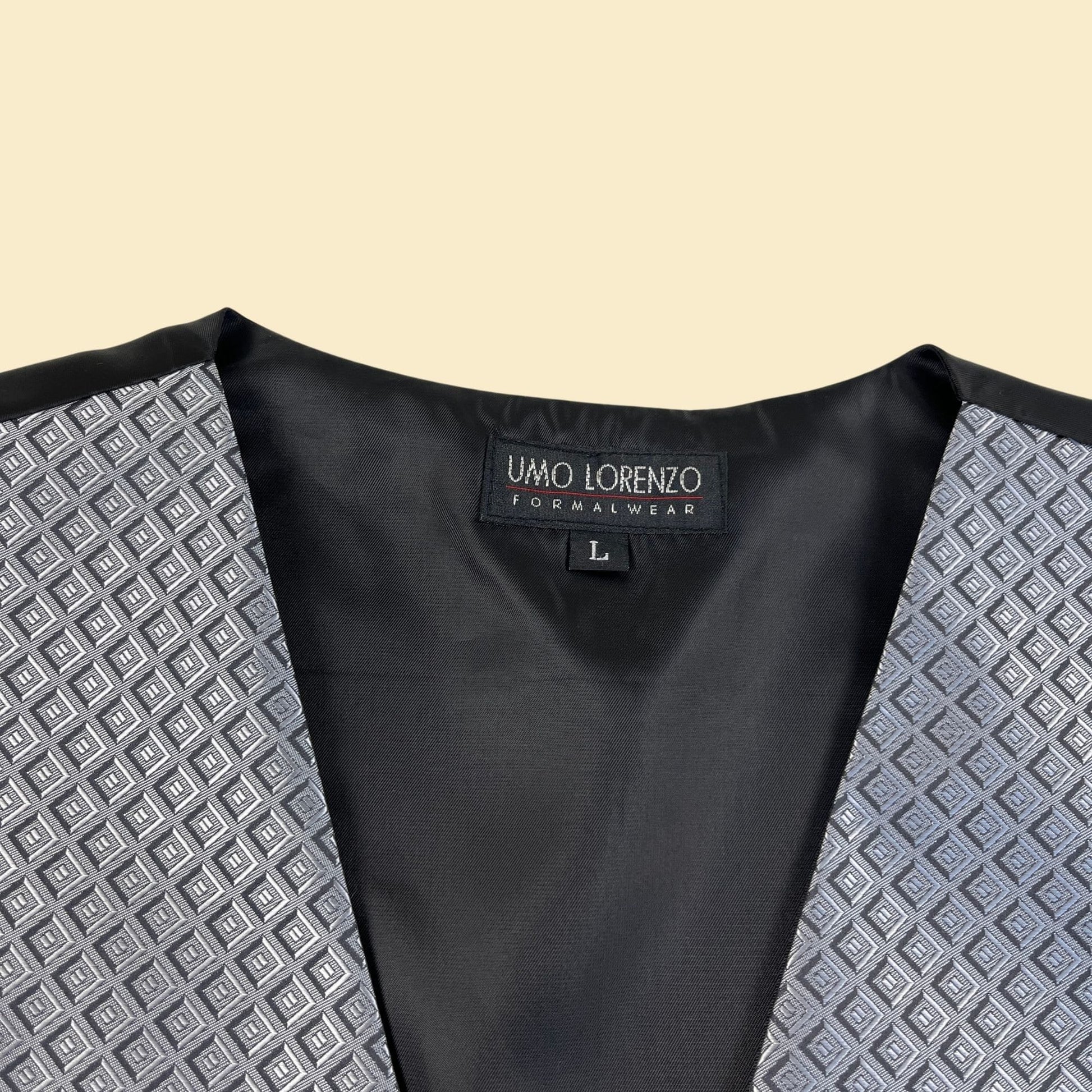 2000s L formal vest by Uomo Lorenzo, grey metallic geometric men's formal vest w/ satin black back