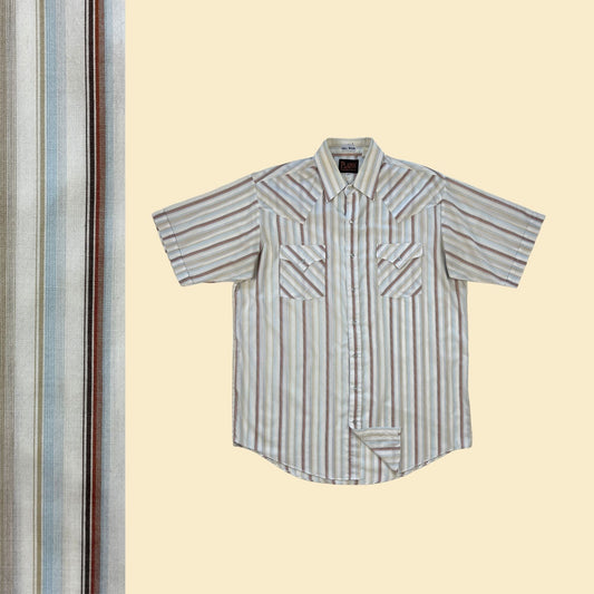 1980s LT striped western shirt by Plains Western, vintage 80s beige & blue short sleeve snap clasp top