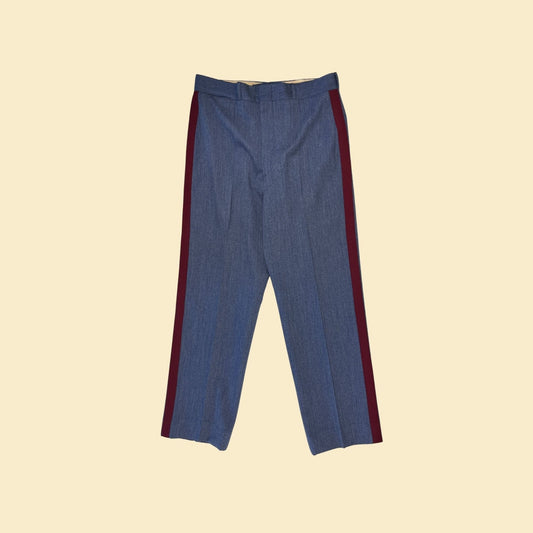 1950s mailman/military style pants, vintage 50s/60s dark blue pants w/ burgundy stripe