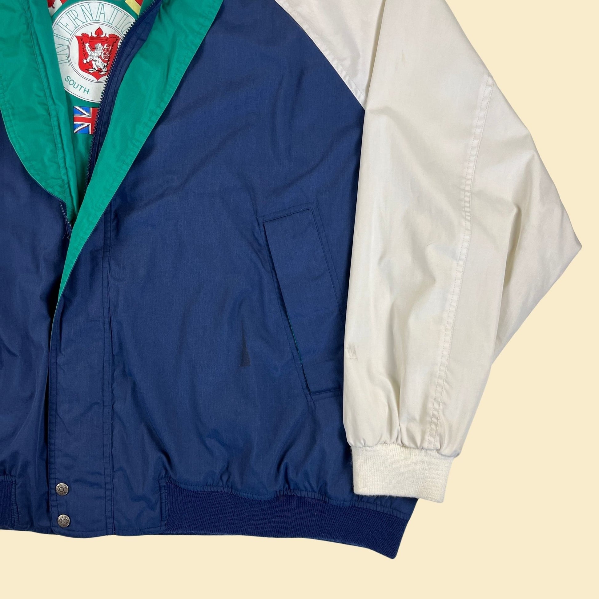 1990s size 6X windbreaker jacket by South Creek, vintage 90s blue/green/white color-block zip up men's jacket