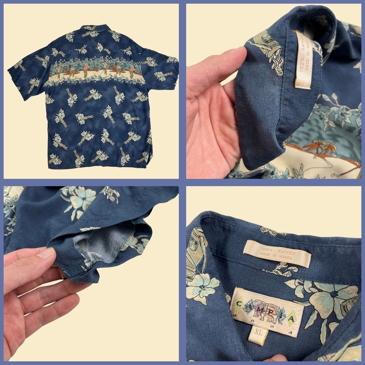 90s XL novelty print golf shirt by Campia Moda, vintage men's 1990s blue rayon button down floral golf top