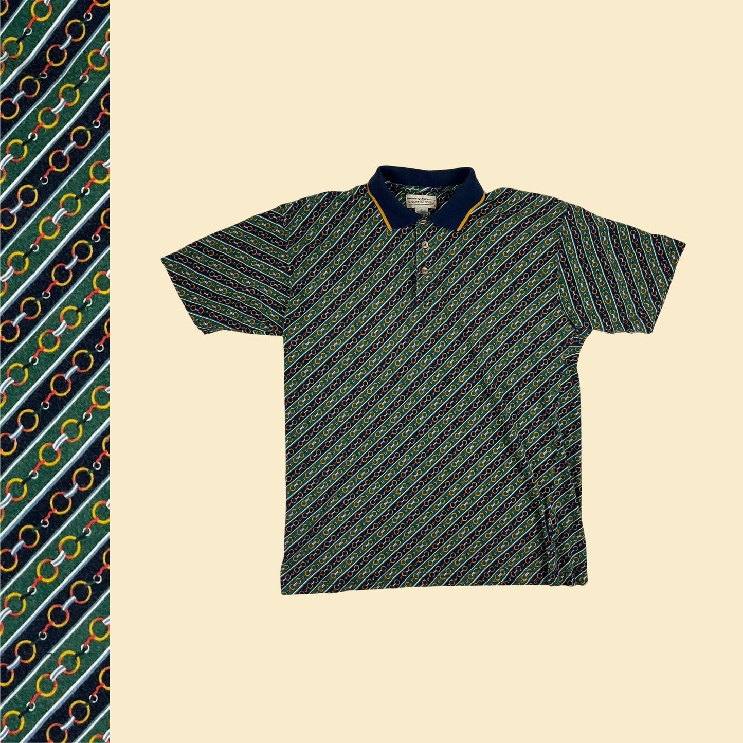 90s L men's polo w/ chain pattern by Natural Issue, vintage 1990s green/yellow/white striped baroque men's shirt