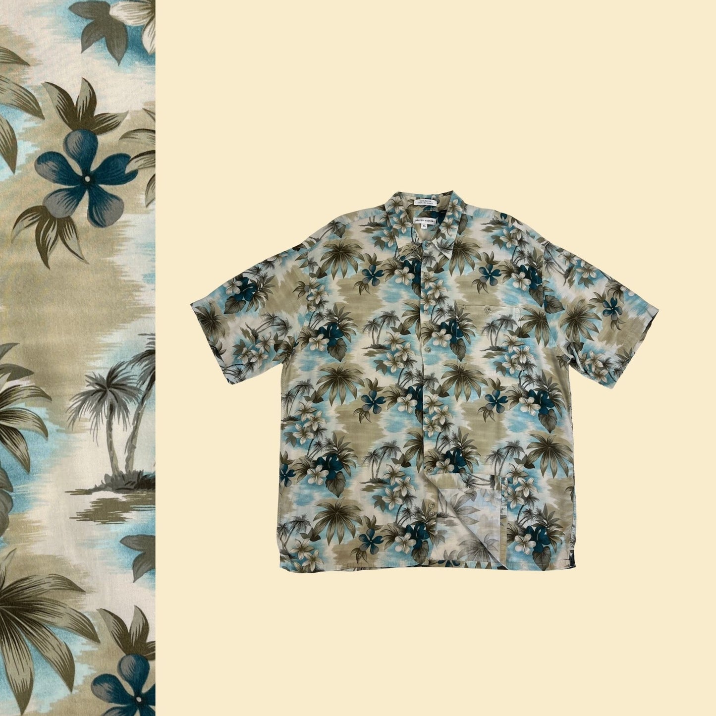 90s XL Pierre Cardin floral shirt, vintage 1990s men's blue/beige leaf patterned short sleeve top