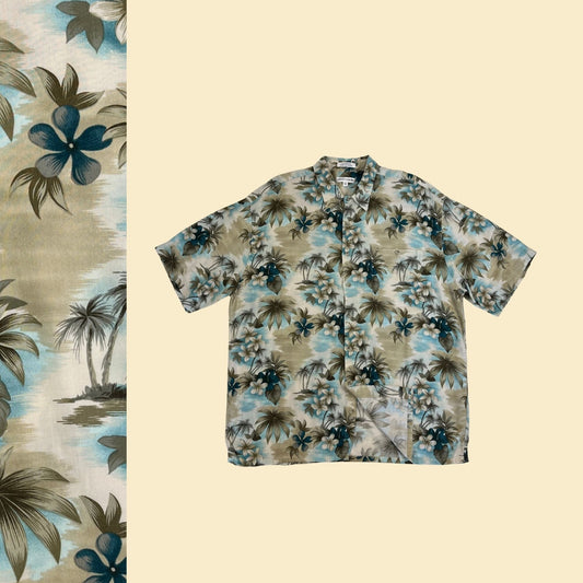 90s XL Pierre Cardin floral shirt, vintage 1990s men's blue/beige leaf patterned short sleeve top