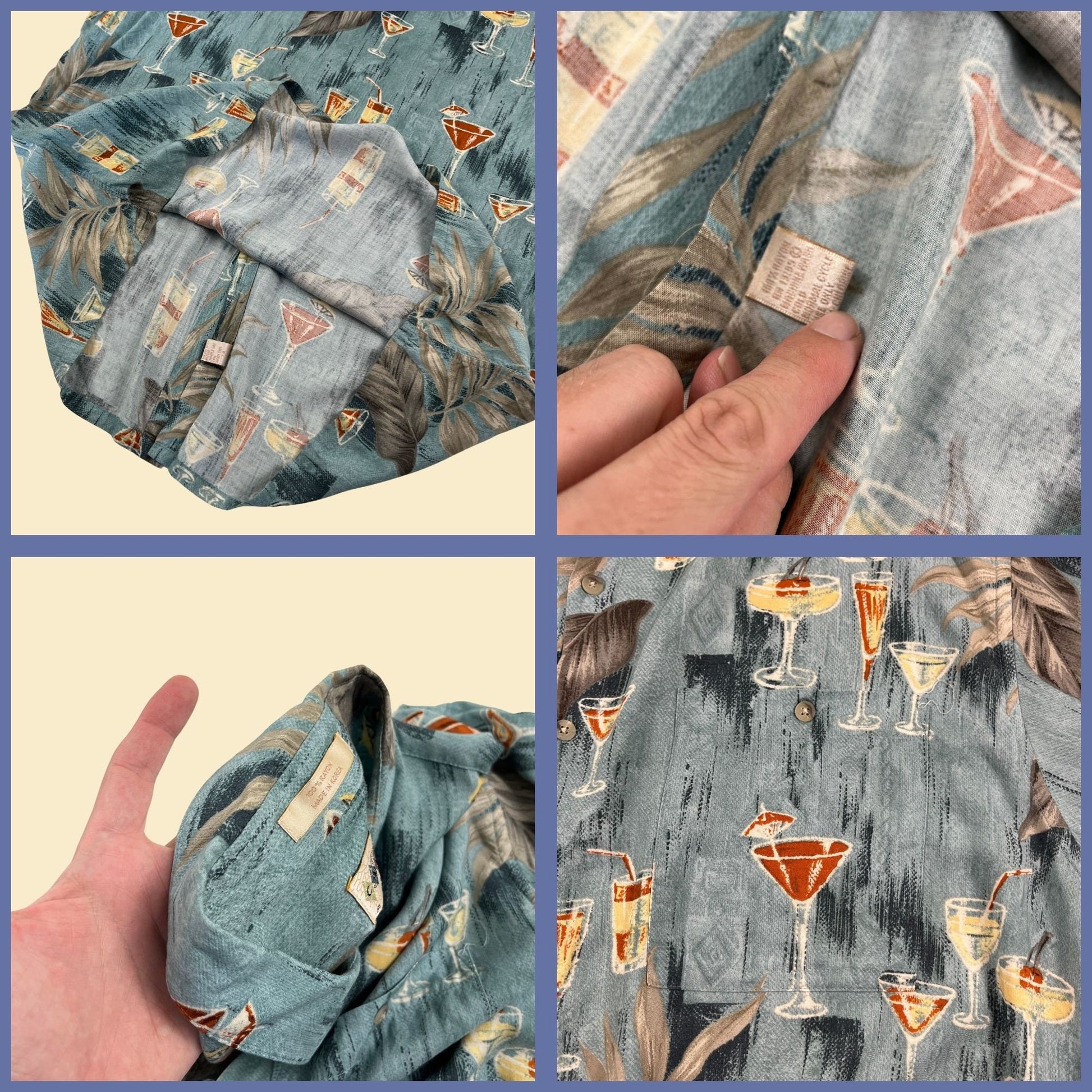 1990s XL cocktail tail by Campia Moda, vintage 90s drink patterned men's casual blue button down top