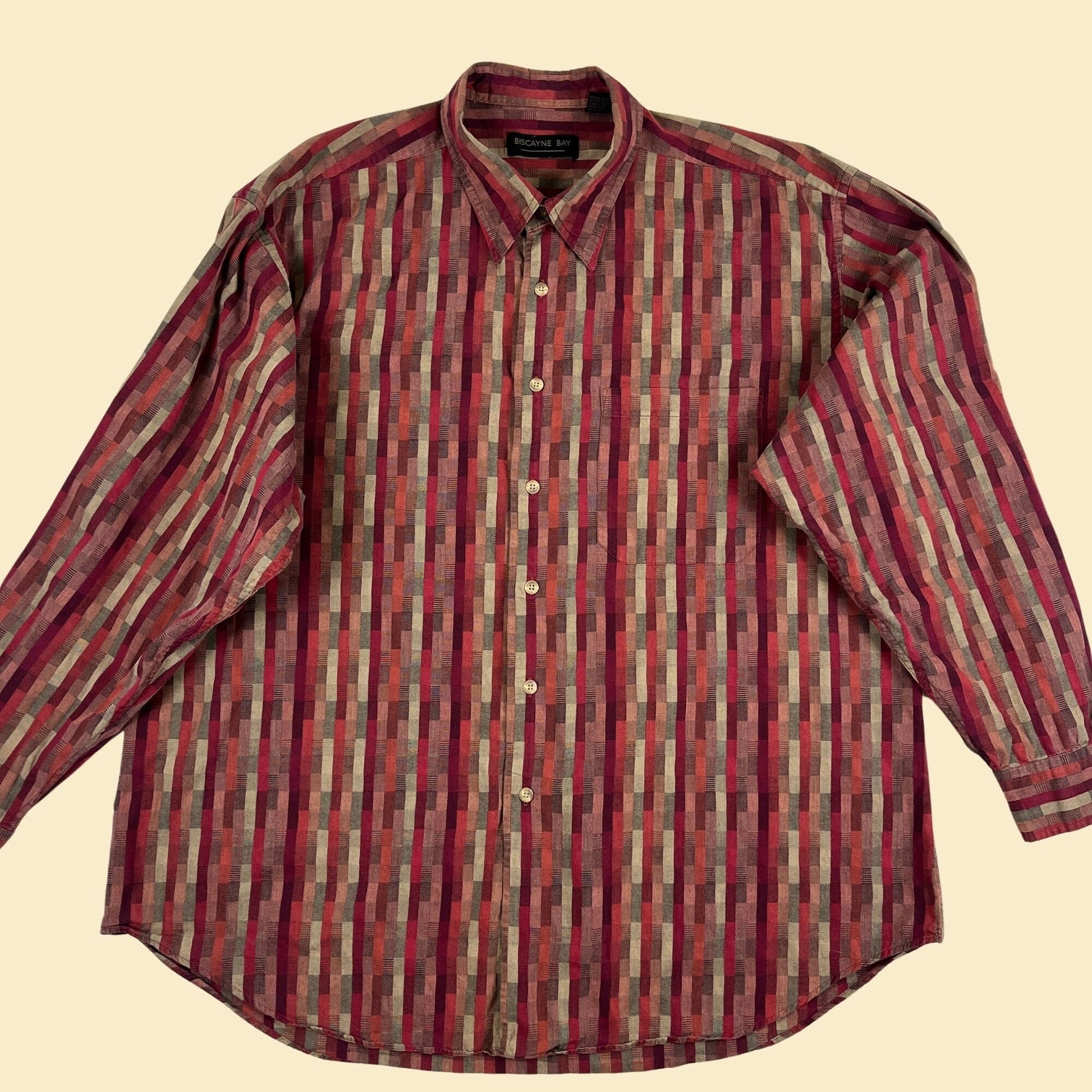 90s burgundy XL abstract men's shirt, vintage 1990s long sleeve button down cotton top