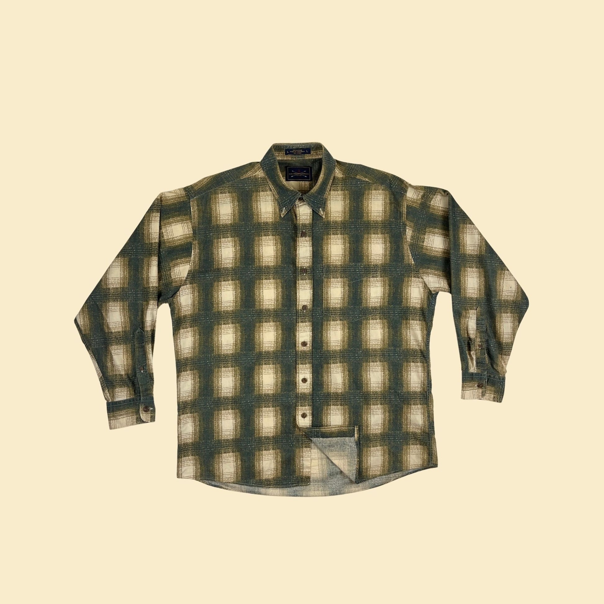 90s L green men's shirt, vintage 1990s casual green & beige geometric long sleeve button down shirt