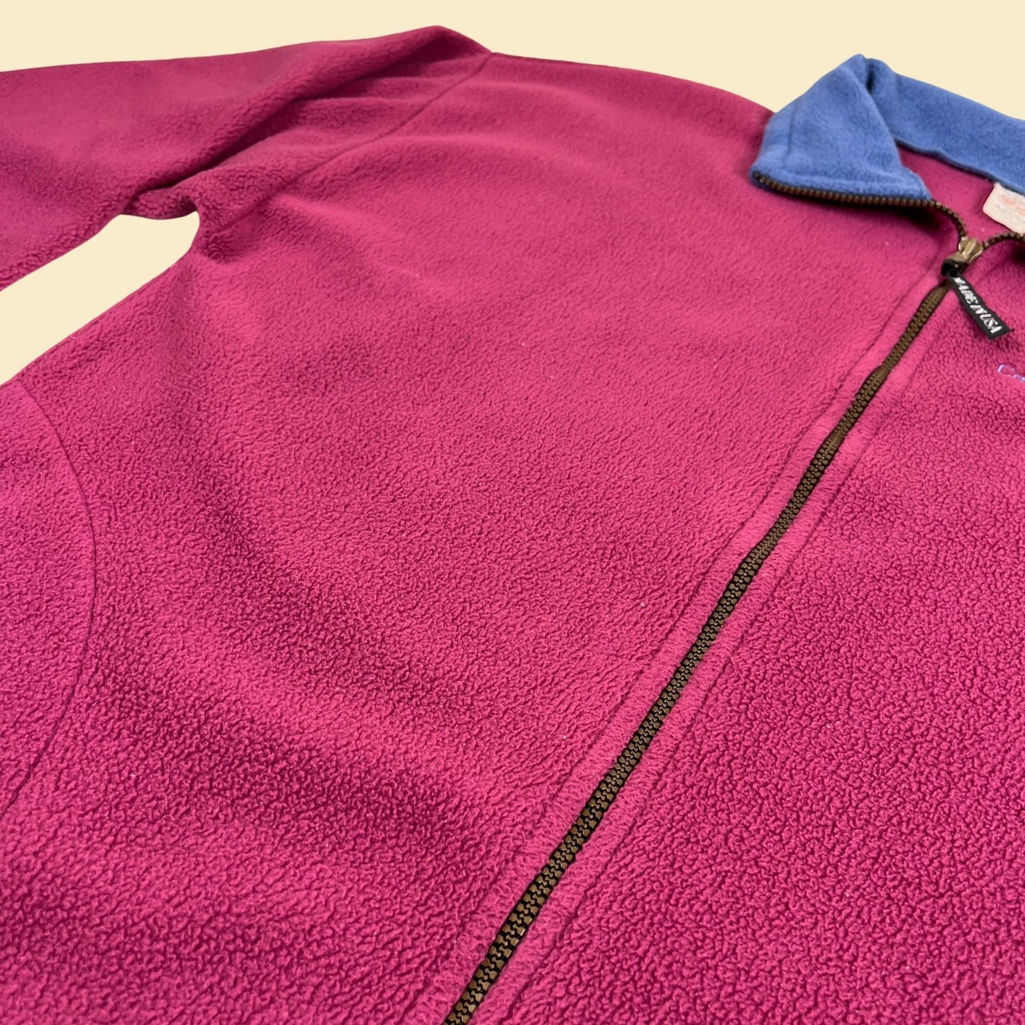 90s Carmel by the Sea fleece jacket, vintage L to XL 1990s pink & blue zip up polyester jacket