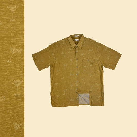 1990s XL yellow martini shirt by Pierre Cardin, vintage 90s mustard yellow drink patterned short sleeve top