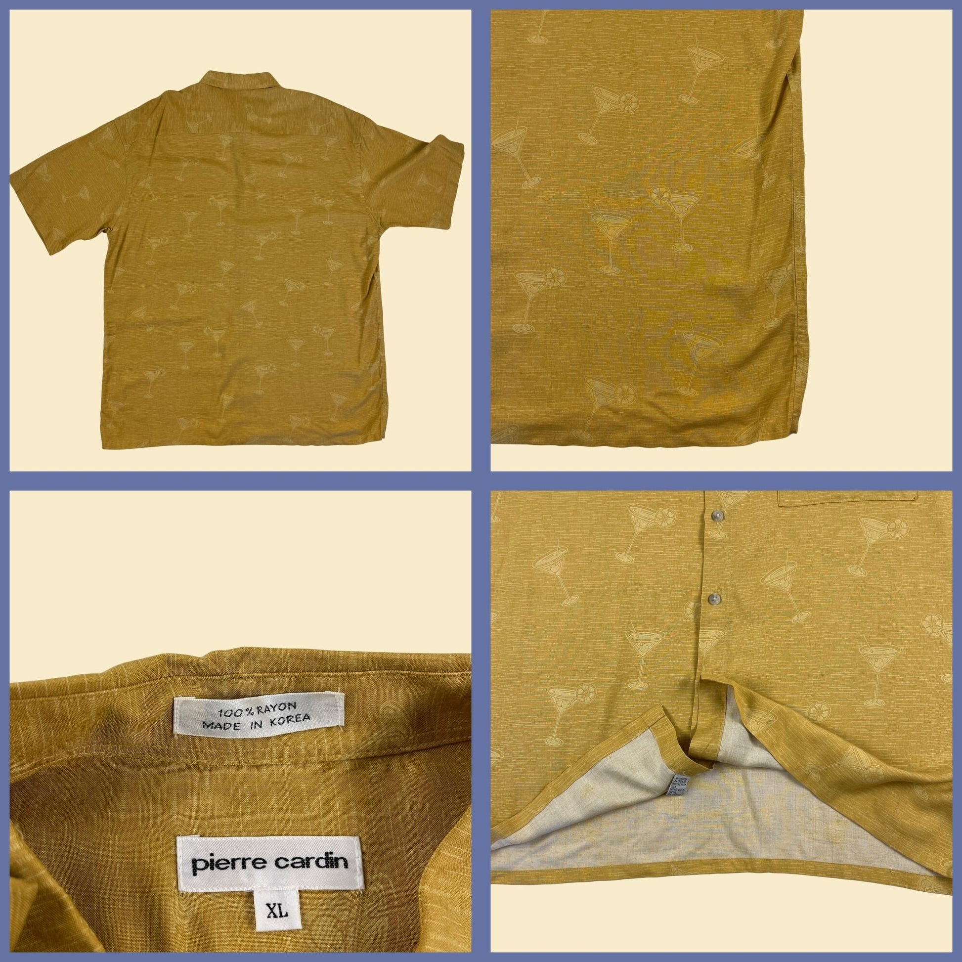 1990s XL yellow martini shirt by Pierre Cardin, vintage 90s mustard yellow drink patterned short sleeve top