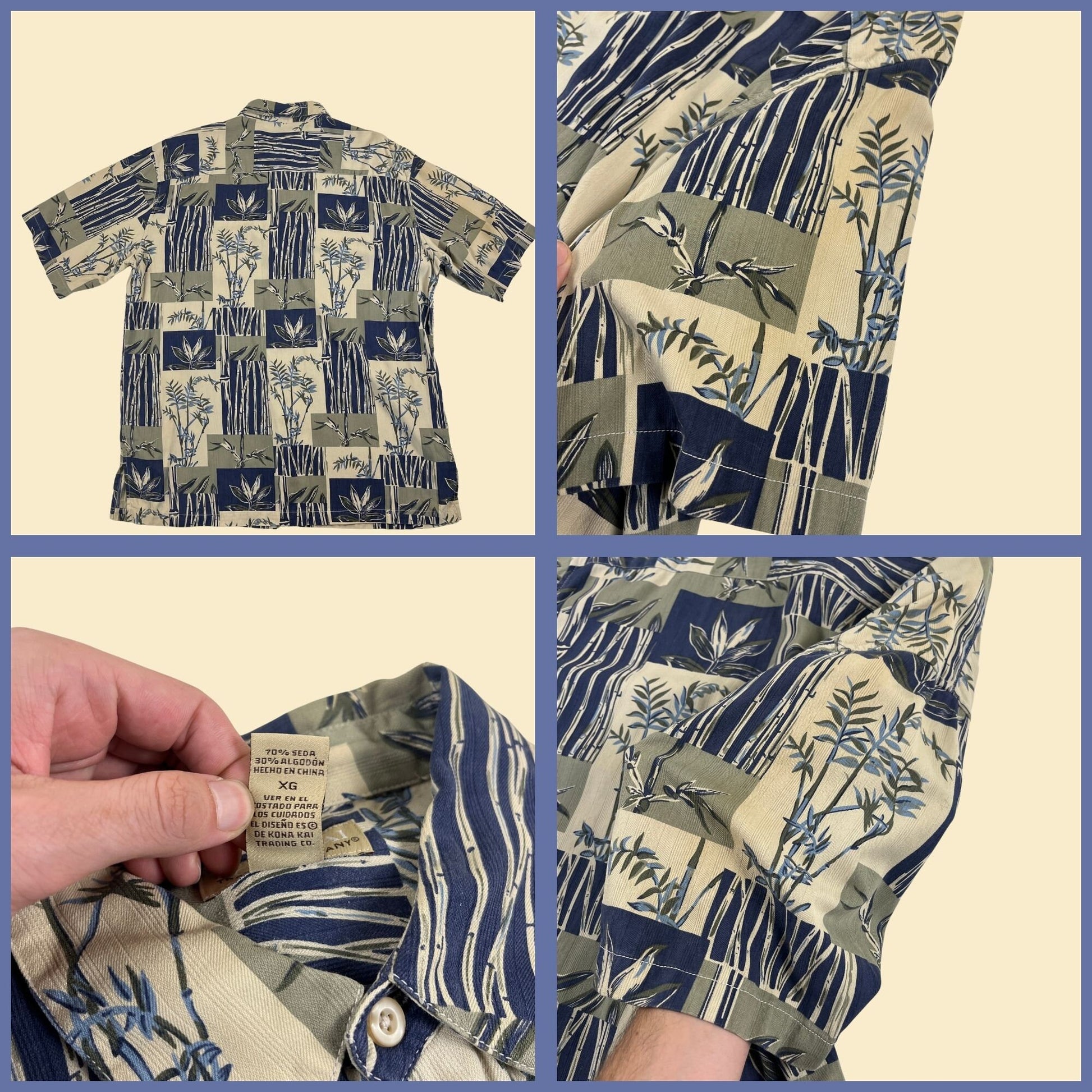 90s XL blue tropical silk shirt, vintage 1990s silk/cotton blue & beige bamboo patterne top