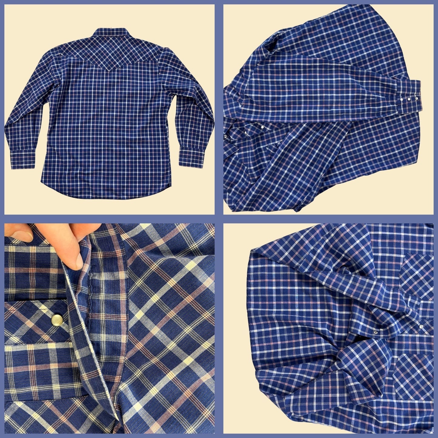 1980s L Wrangler men's shirt, vintage 80s western snap clasp long sleeve blue plaid top